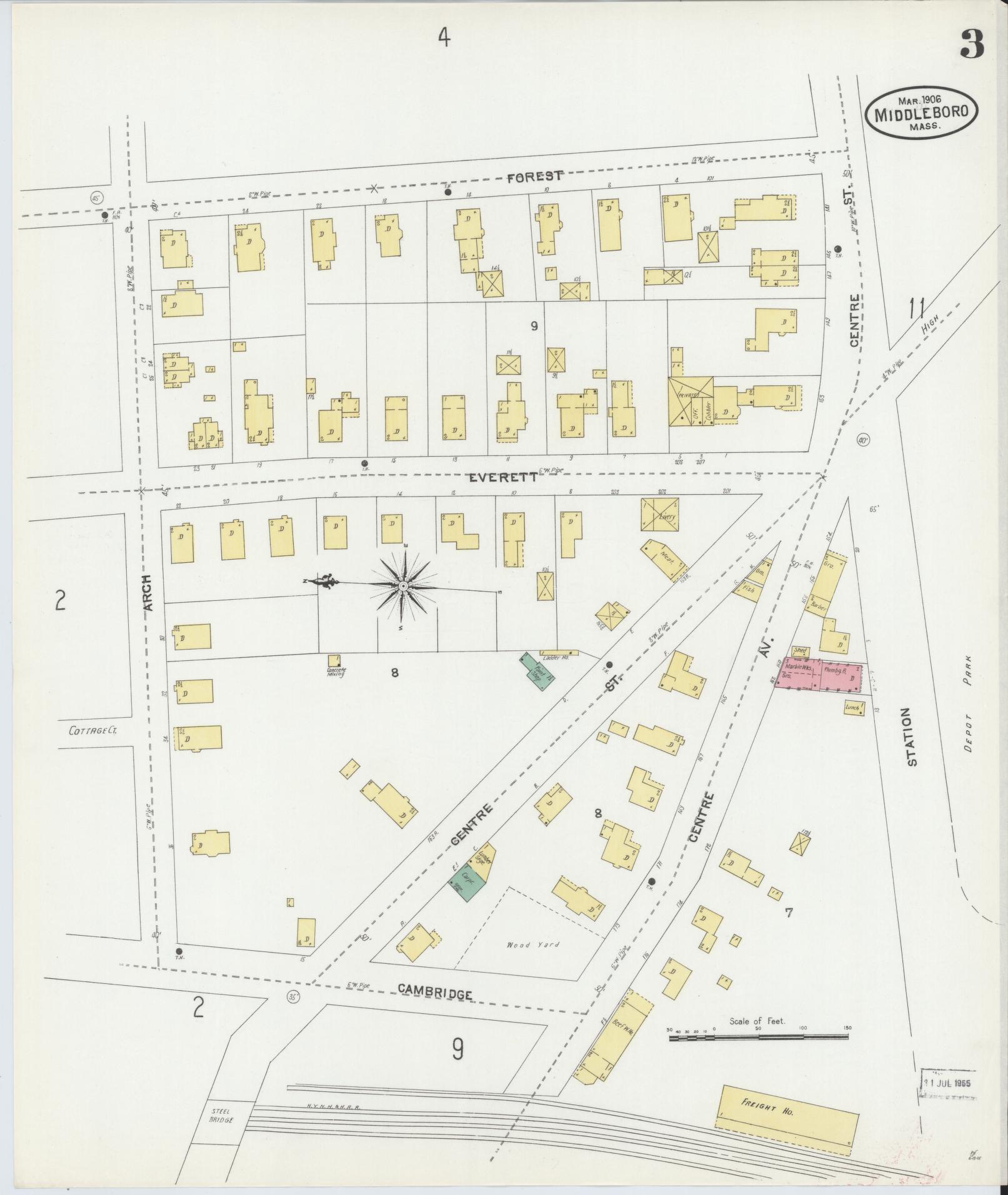 Sanborn Fire Insurance Map from Middleboro, Plymouth County, Massachusetts (1906), Sheet #0003 - Complete Map Set gallery image, historic Sanborn map, vintage wall art, Massachusetts Massachusetts