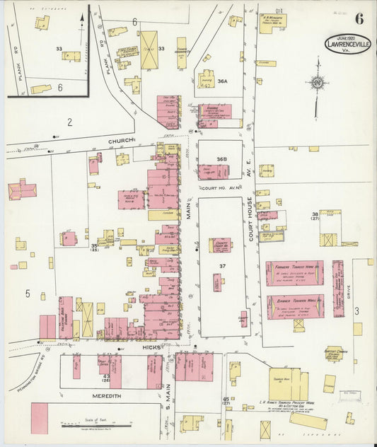 Sanborn Fire Insurance Map from Lawrenceville, Brunswick County, Virginia (1920), Sheet #0006 - Historic Sanborn Fire Insurance Map Print, vintage old map wall art, antique decor, genealogy gift, Virginia Virginia map