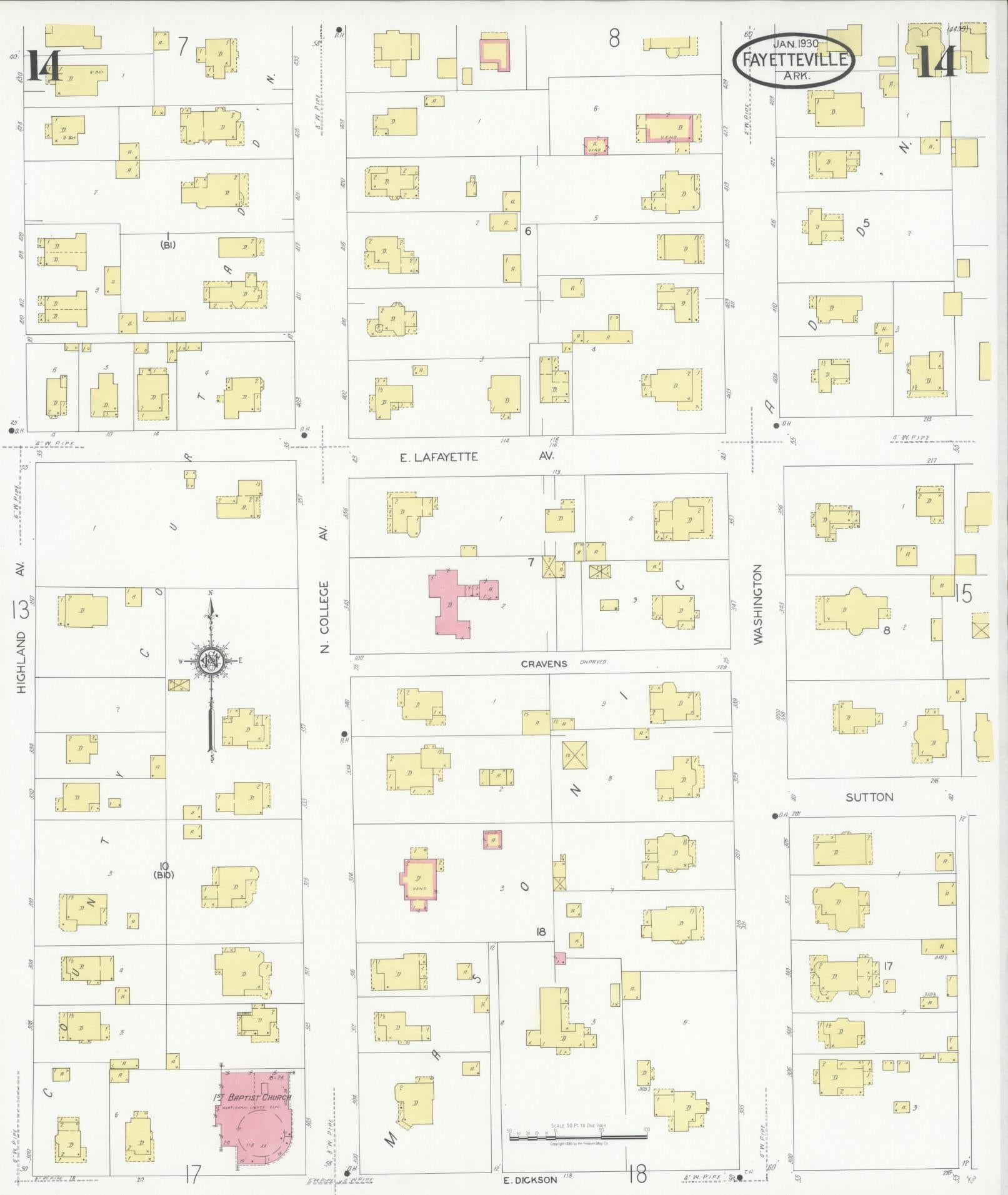 Sanborn Fire Insurance Map from Fayetteville, Washington County, Arkansas (1930), Sheet #0014 - Complete Map Set gallery image, historic Sanborn map, vintage wall art, Arkansas Arkansas