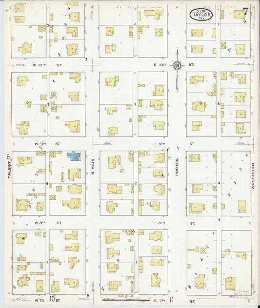Sanborn Fire Insurance Map from Taylor, Williamson County, Texas (1916), Sheet #0007 - Historic Sanborn Fire Insurance Map Print, vintage old map wall art, antique decor, genealogy gift, Texas Texas map