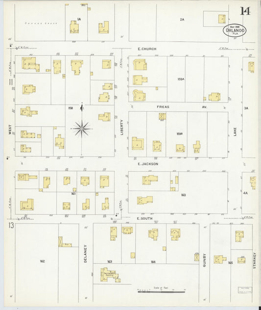 Sanborn Fire Insurance Map from Orlando, Orange County, Florida (1908), Sheet #0014 - Historic Sanborn Fire Insurance Map Print, vintage old map wall art, antique decor, genealogy gift, Florida Florida map