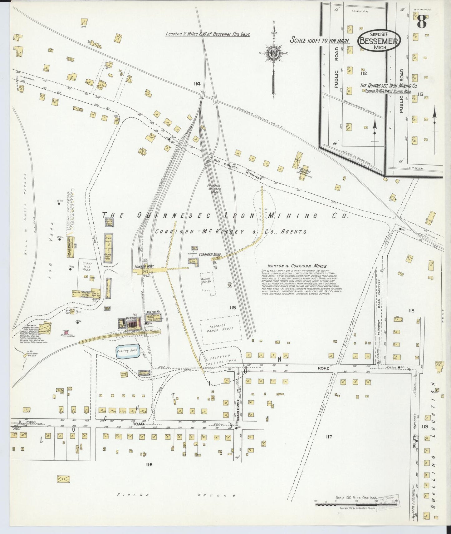 Sanborn Fire Insurance Map from Bessemer, Gogebic County, Michigan (1917), Sheet #0008 - Historic Sanborn Fire Insurance Map Print, vintage old map wall art, antique decor, genealogy gift, Michigan Michigan map