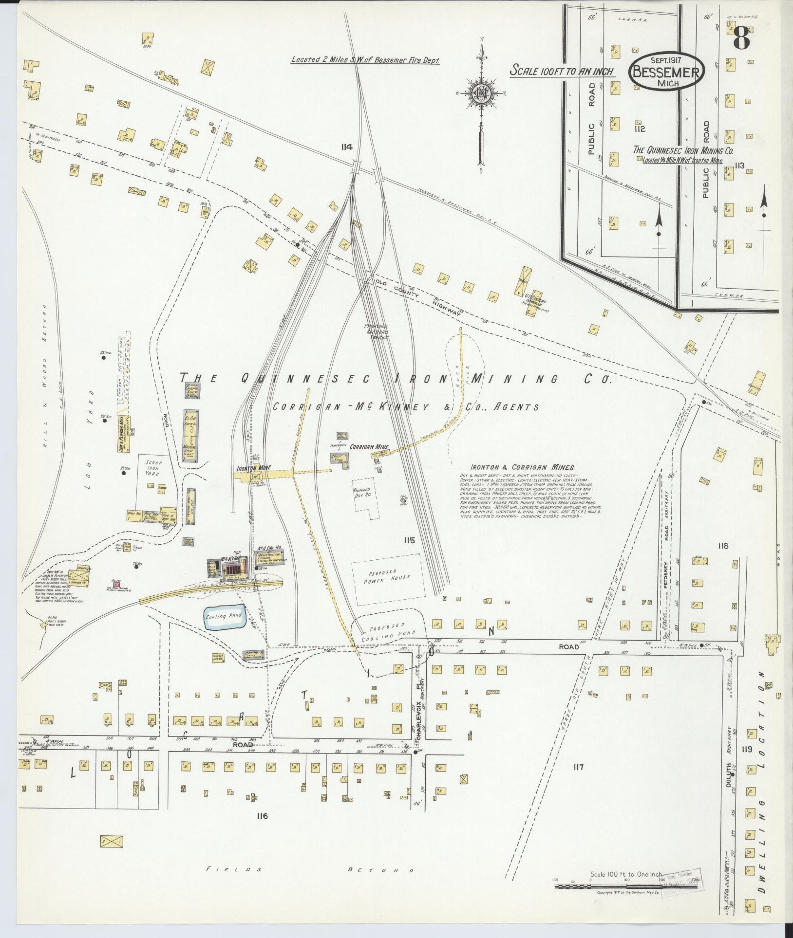Sanborn Fire Insurance Map from Bessemer, Gogebic County, Michigan (1917), Sheet #0008 - Historic Sanborn Fire Insurance Map Print, vintage old map wall art, antique decor, genealogy gift, Michigan Michigan map
