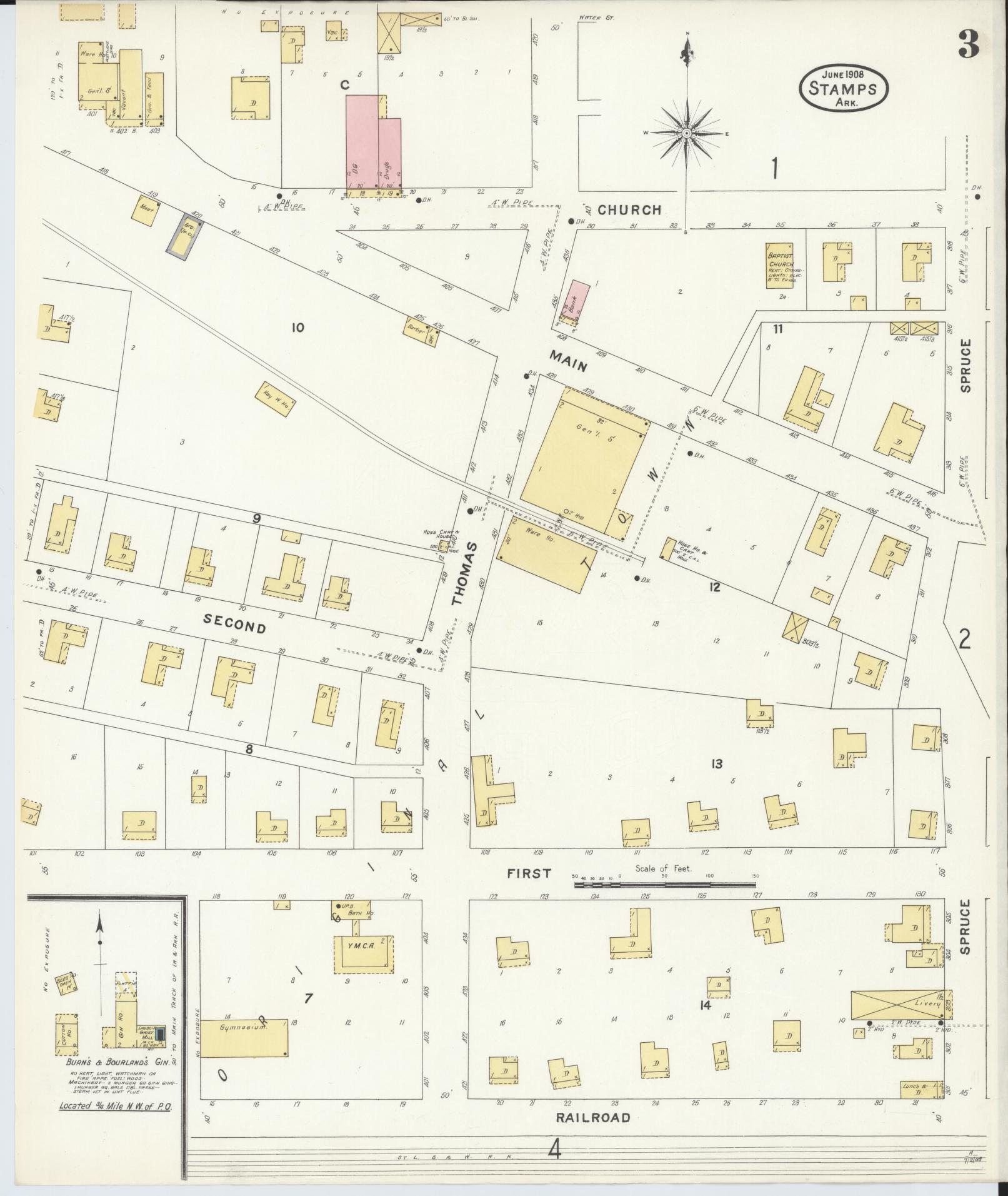 Sanborn Fire Insurance Map from Stamps, Lafayette County, Arkansas (1908), Sheet #0003 - Complete Map Set gallery image, historic Sanborn map, vintage wall art, Arkansas Arkansas