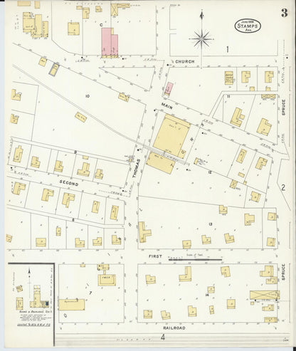 Sanborn Fire Insurance Map from Stamps, Lafayette County, Arkansas (1908), Sheet #0003 - Complete Map Set gallery image, historic Sanborn map, vintage wall art, Arkansas Arkansas