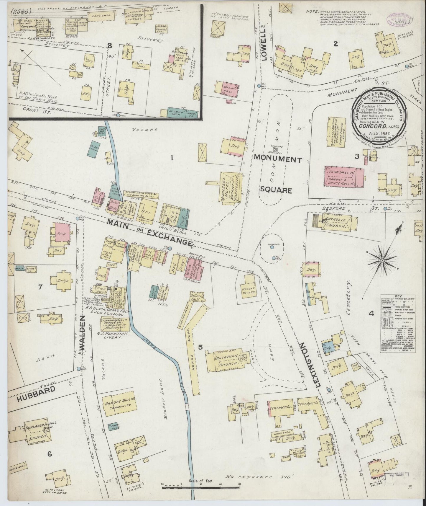 Sanborn Fire Insurance Map from Concord, Middlesex County, Massachusetts (1887), Sheet #0001 - Historic Sanborn Fire Insurance Map Print, vintage old map wall art, antique decor, genealogy gift, Massachusetts Massachusetts map