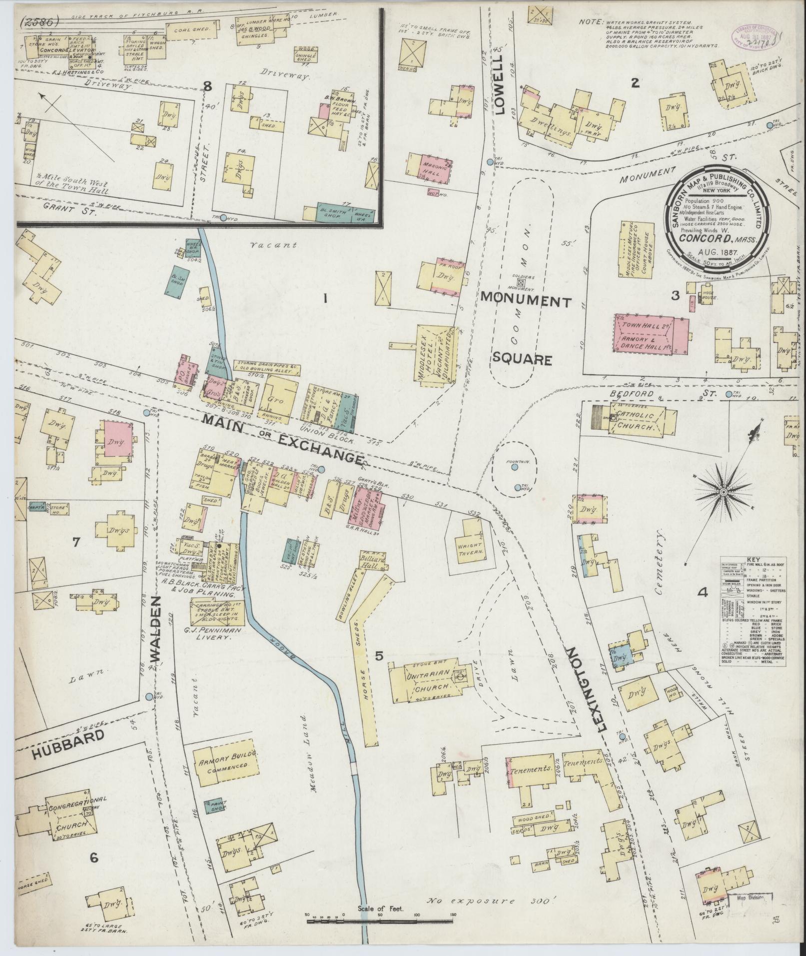 Sanborn Fire Insurance Map from Concord, Middlesex County, Massachusetts (1887), Sheet #0001 - Historic Sanborn Fire Insurance Map Print, vintage old map wall art, antique decor, genealogy gift, Massachusetts Massachusetts map