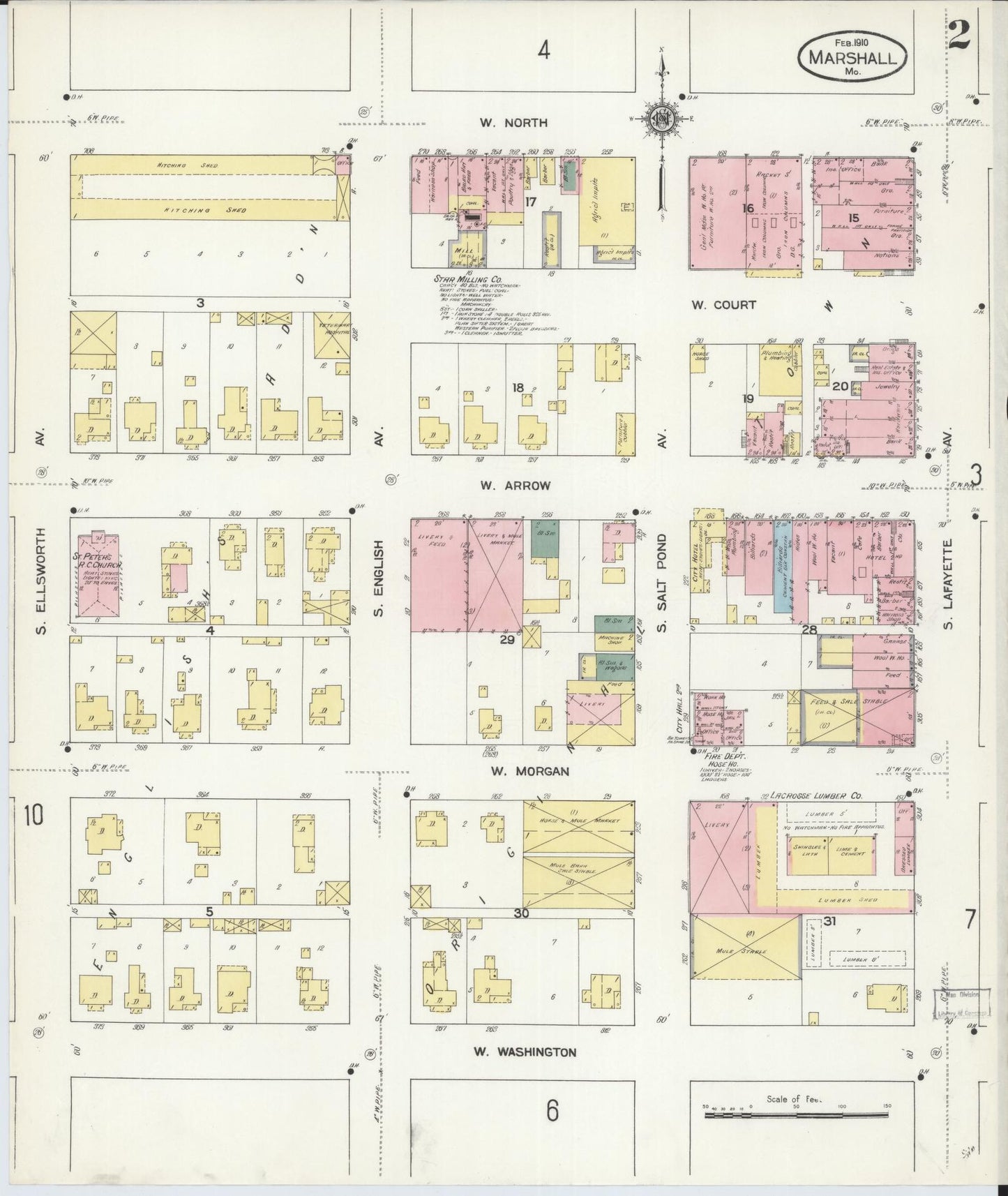 Sanborn Fire Insurance Map from Marshall, Saline County, Missouri (1910), Sheet #0002 - Complete Map Set gallery image, historic Sanborn map, vintage wall art, Missouri Missouri