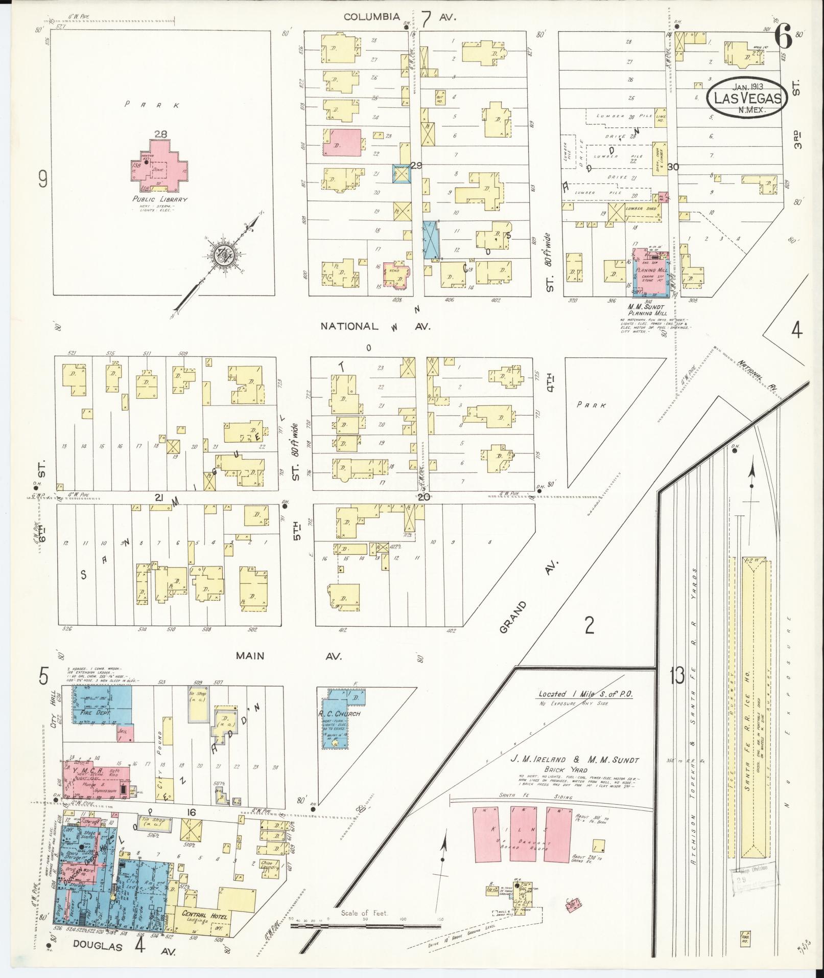 Sanborn Fire Insurance Map from Las Vegas, San Miguel County, New Mexico (1913), Sheet #0006 - Complete Map Set gallery image, historic Sanborn map, vintage wall art, New Mexico New Mexico