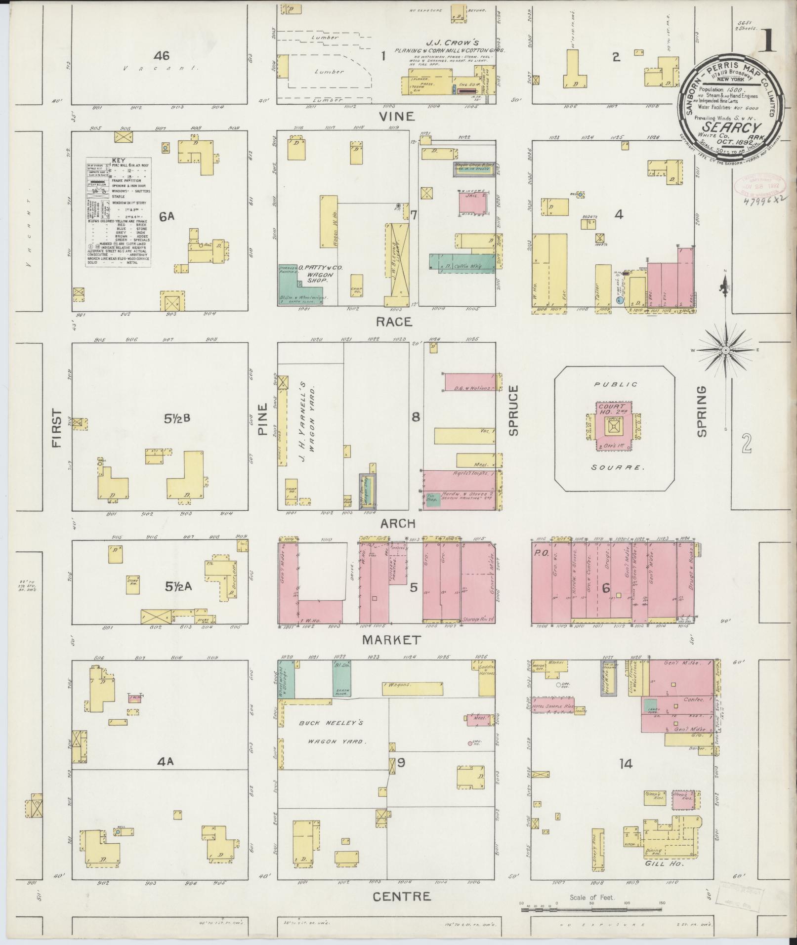Sanborn Fire Insurance Map from Searcy, White County, Arkansas (1892), Sheet #0001 - Historic Sanborn Fire Insurance Map Print, vintage old map wall art, antique decor, genealogy gift, Arkansas Arkansas map