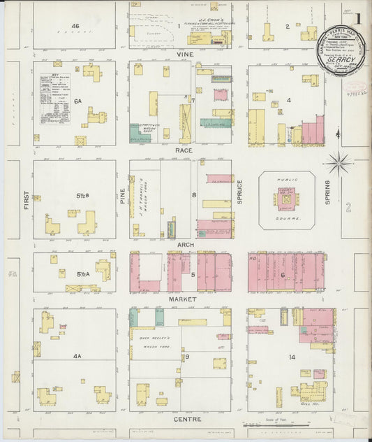 Sanborn Fire Insurance Map from Searcy, White County, Arkansas (1892), Sheet #0001 - Historic Sanborn Fire Insurance Map Print, vintage old map wall art, antique decor, genealogy gift, Arkansas Arkansas map