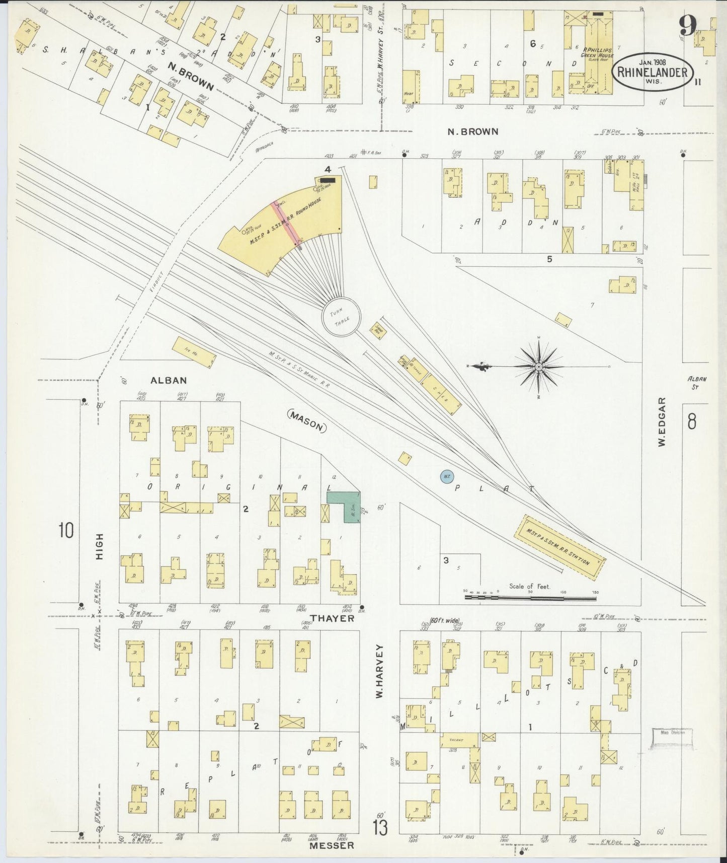 Sanborn Fire Insurance Map from Rhinelander, Oneida County, Wisconsin (1908), Sheet #0009 - Complete Map Set gallery image, historic Sanborn map, vintage wall art, Wisconsin Wisconsin