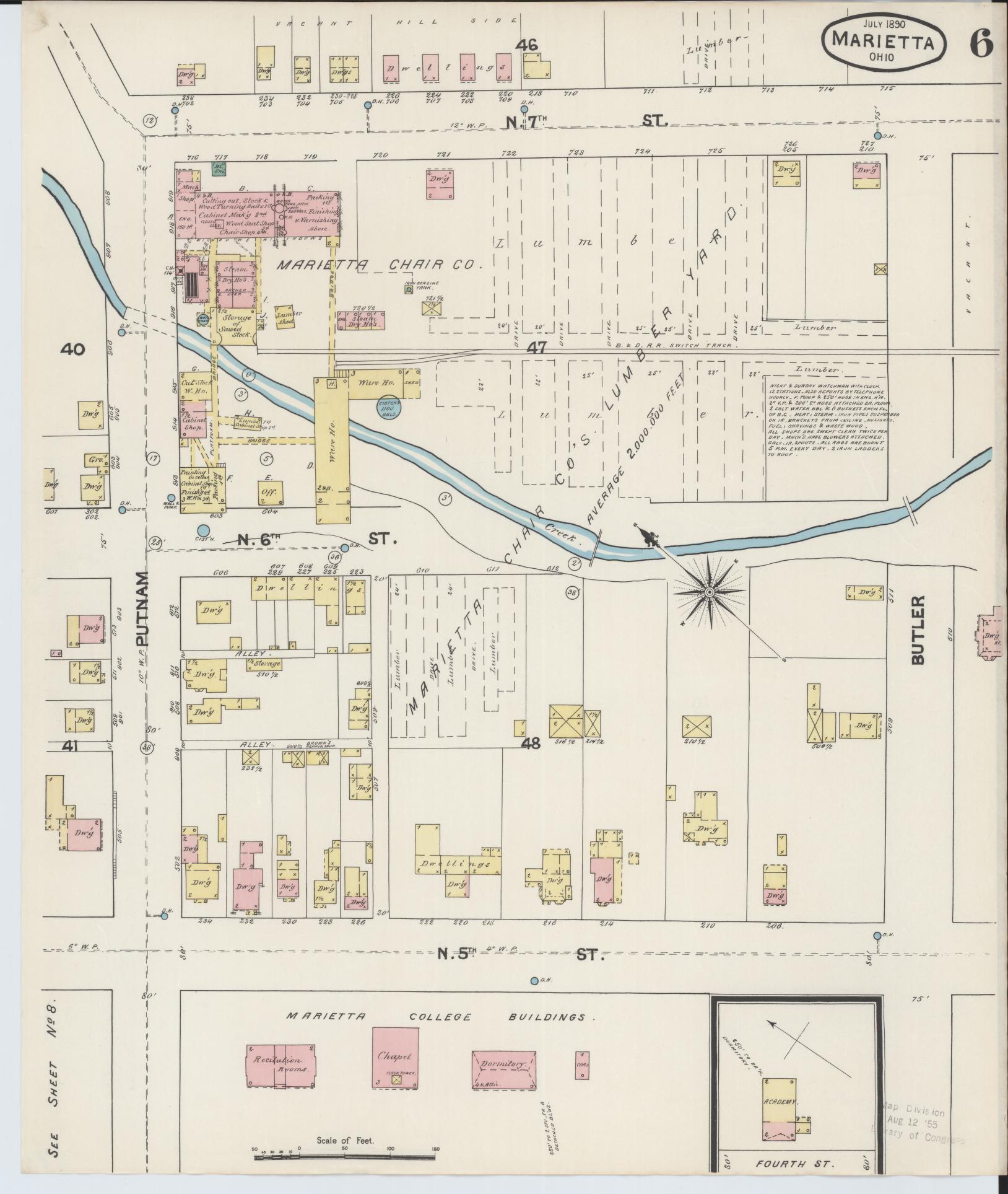 Sanborn Fire Insurance Map from Marietta, Washington County, Ohio (1890), Sheet #0006 - Historic Sanborn Fire Insurance Map Print, vintage old map wall art, antique decor, genealogy gift, Ohio Ohio map