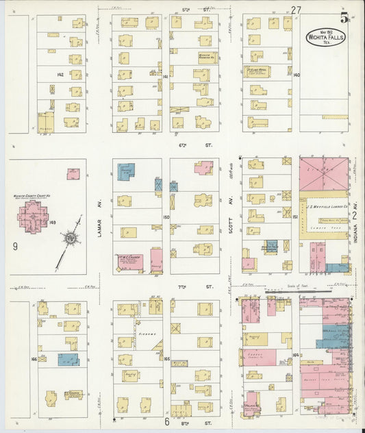 Sanborn Fire Insurance Map from Wichita Falls, Wichita County, Texas (1912), Sheet #0005 - Historic Sanborn Fire Insurance Map Print, vintage old map wall art, antique decor, genealogy gift, Texas Texas map