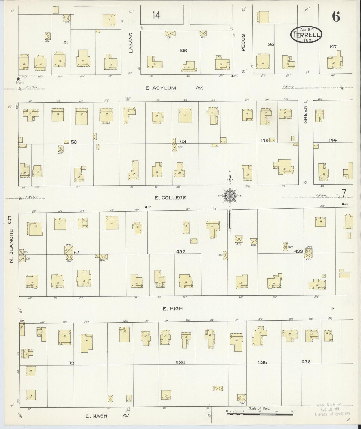 Sanborn Fire Insurance Map from Terrell, Kaufman County, Texas (1914), Sheet #0006 - Historic Sanborn Fire Insurance Map Print, vintage old map wall art, antique decor, genealogy gift, Texas Texas map