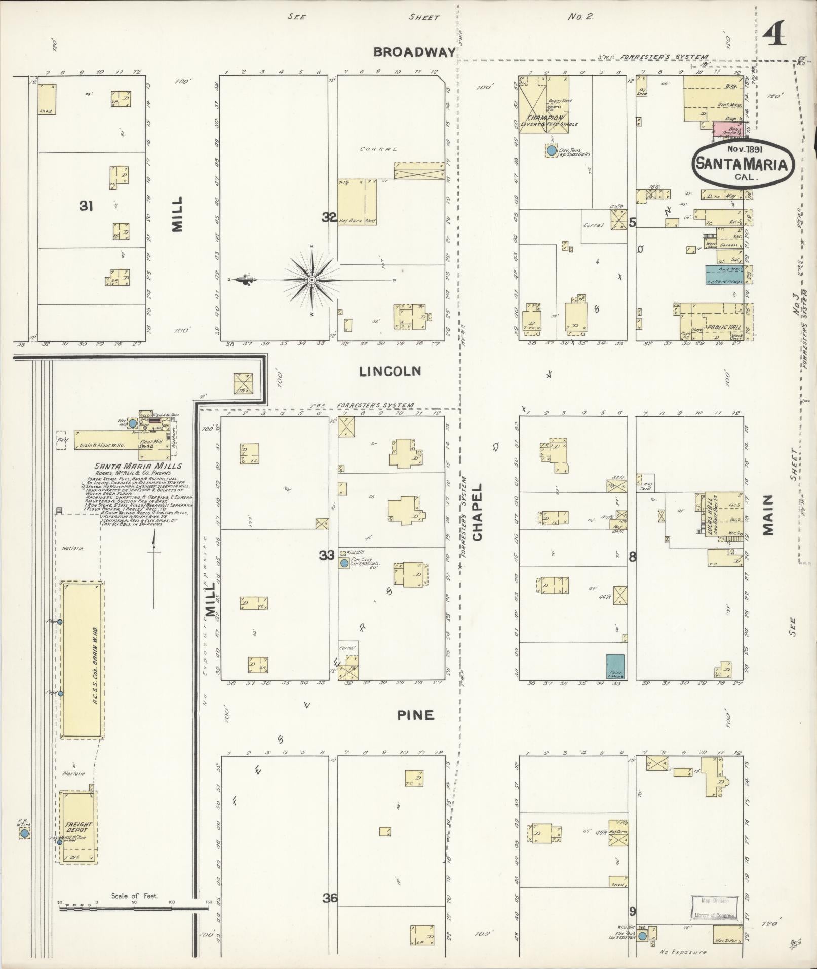 Sanborn Fire Insurance Map from Santa Maria, Santa Barbara County, California (1891), Sheet #0004 - Complete Map Set gallery image, historic Sanborn map, vintage wall art, California California