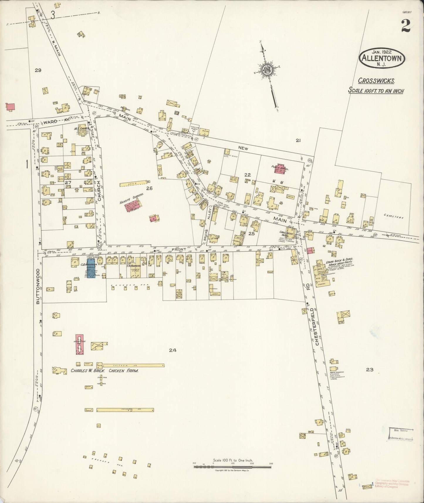 Sanborn Fire Insurance Map from Allentown, Monmouth County, New Jersey (1922), Sheet #0002 - Historic Sanborn Fire Insurance Map Print, vintage old map wall art, antique decor, genealogy gift, New Jersey New Jersey map