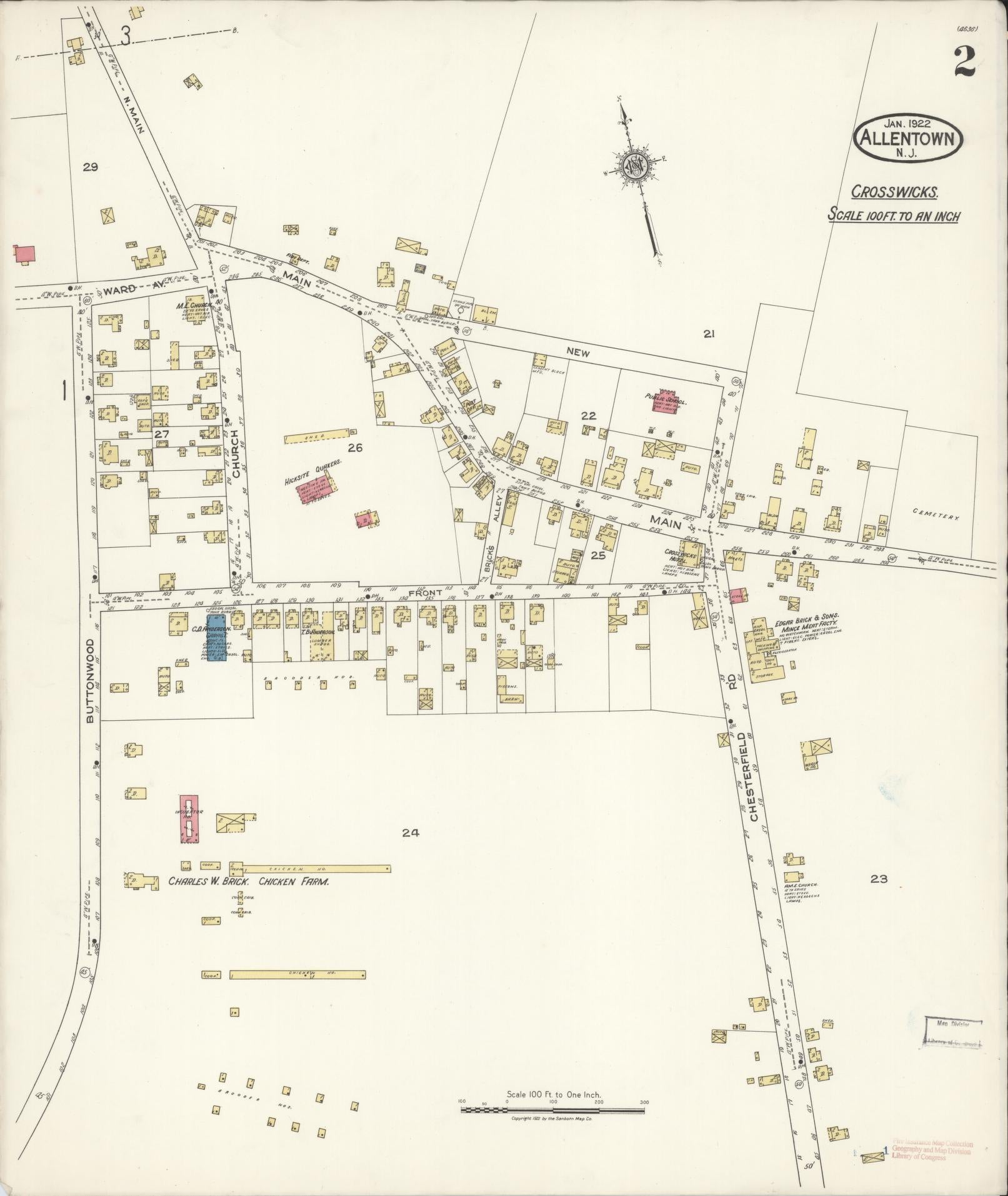 Sanborn Fire Insurance Map from Allentown, Monmouth County, New Jersey (1922), Sheet #0002 - Historic Sanborn Fire Insurance Map Print, vintage old map wall art, antique decor, genealogy gift, New Jersey New Jersey map