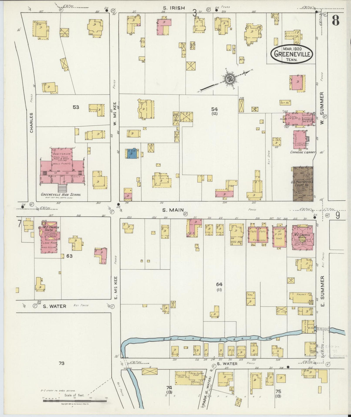 Sanborn Fire Insurance Map from Greeneville, Greene County, Tennessee (1920), Sheet #0008 - Complete Map Set gallery image, historic Sanborn map, vintage wall art, Tennessee Tennessee