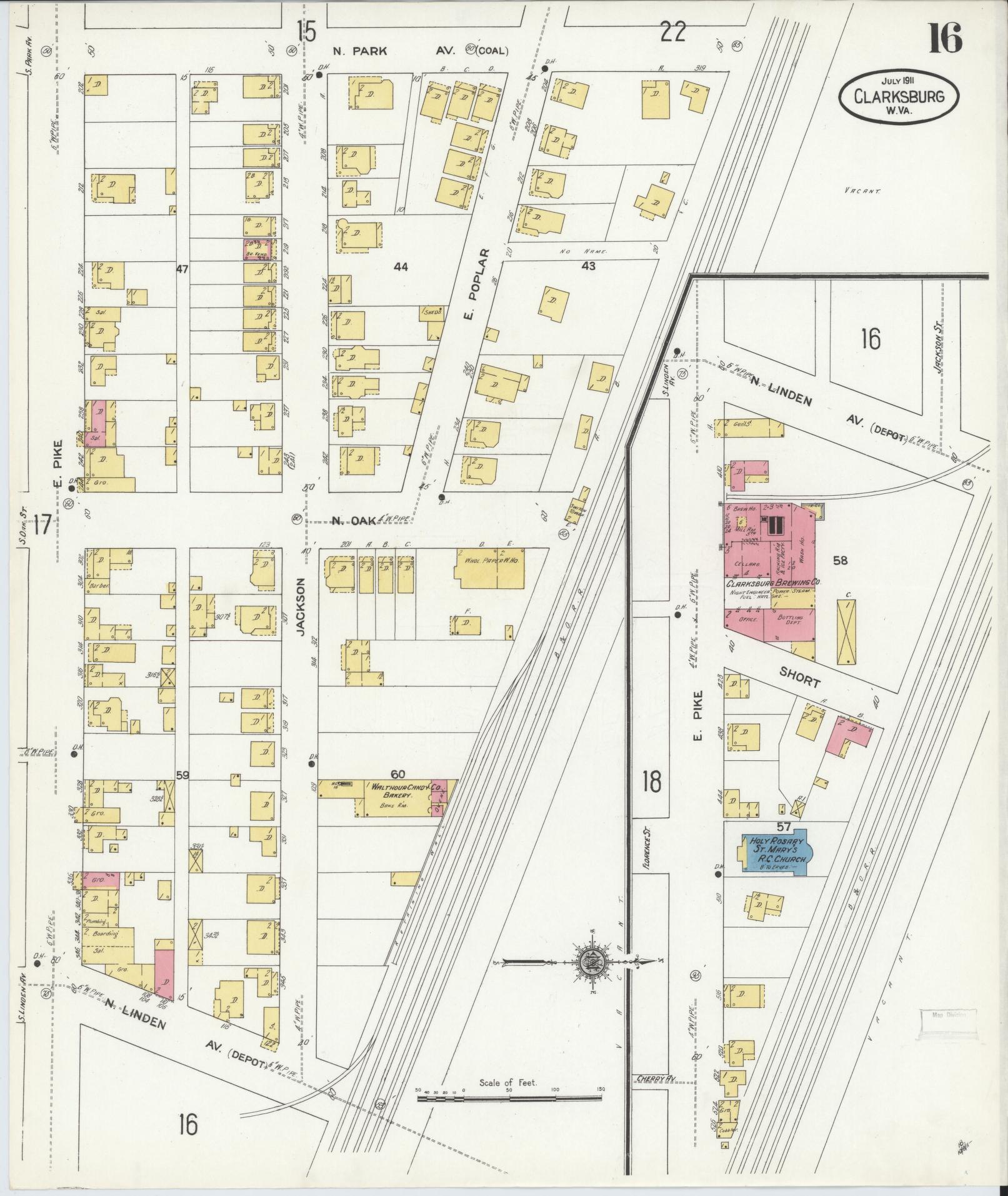 Sanborn Fire Insurance Map from Clarksburg, Harrison County, West Virginia (1911), Sheet #0016 - Complete Map Set gallery image, historic Sanborn map, vintage wall art, West Virginia West Virginia
