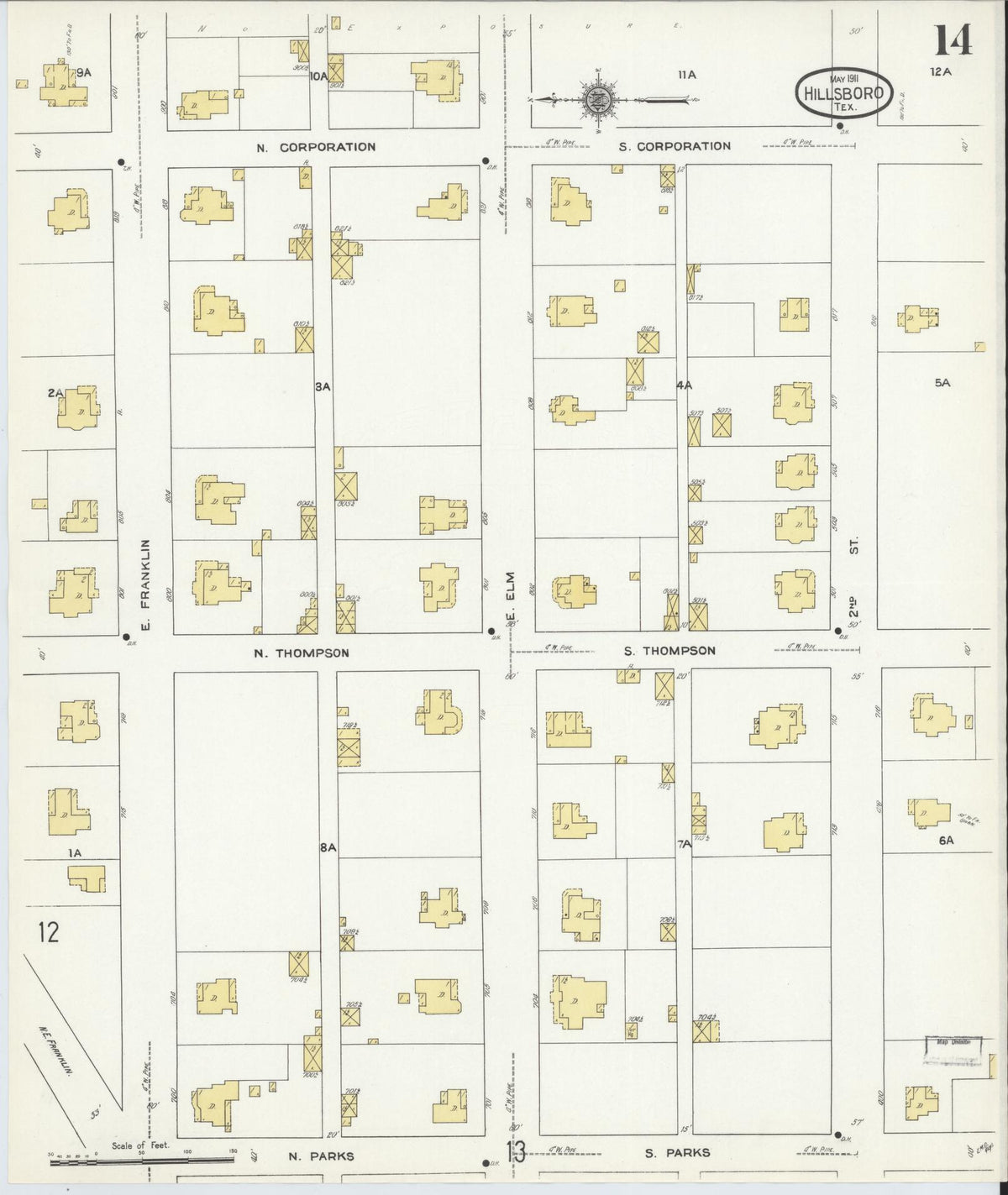 Sanborn Fire Insurance Map from Hillsboro, Hill County, Texas (1911), Sheet #0014 - Complete Map Set gallery image, historic Sanborn map, vintage wall art, Texas Texas