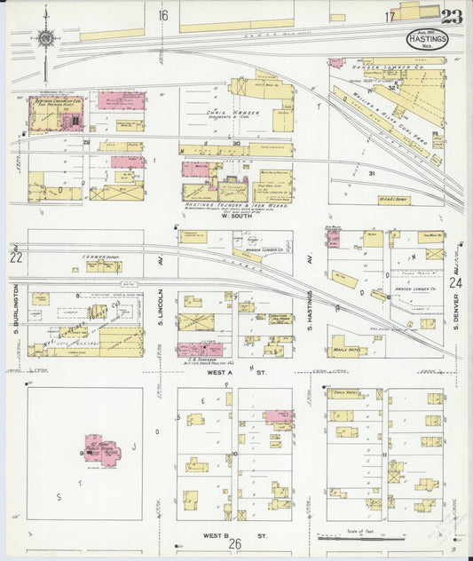 Sanborn Fire Insurance Map from Hastings, Adams County, Nebraska (1910), Sheet #0023 - Historic Sanborn Fire Insurance Map Print, vintage old map wall art, antique decor, genealogy gift, Nebraska Nebraska map