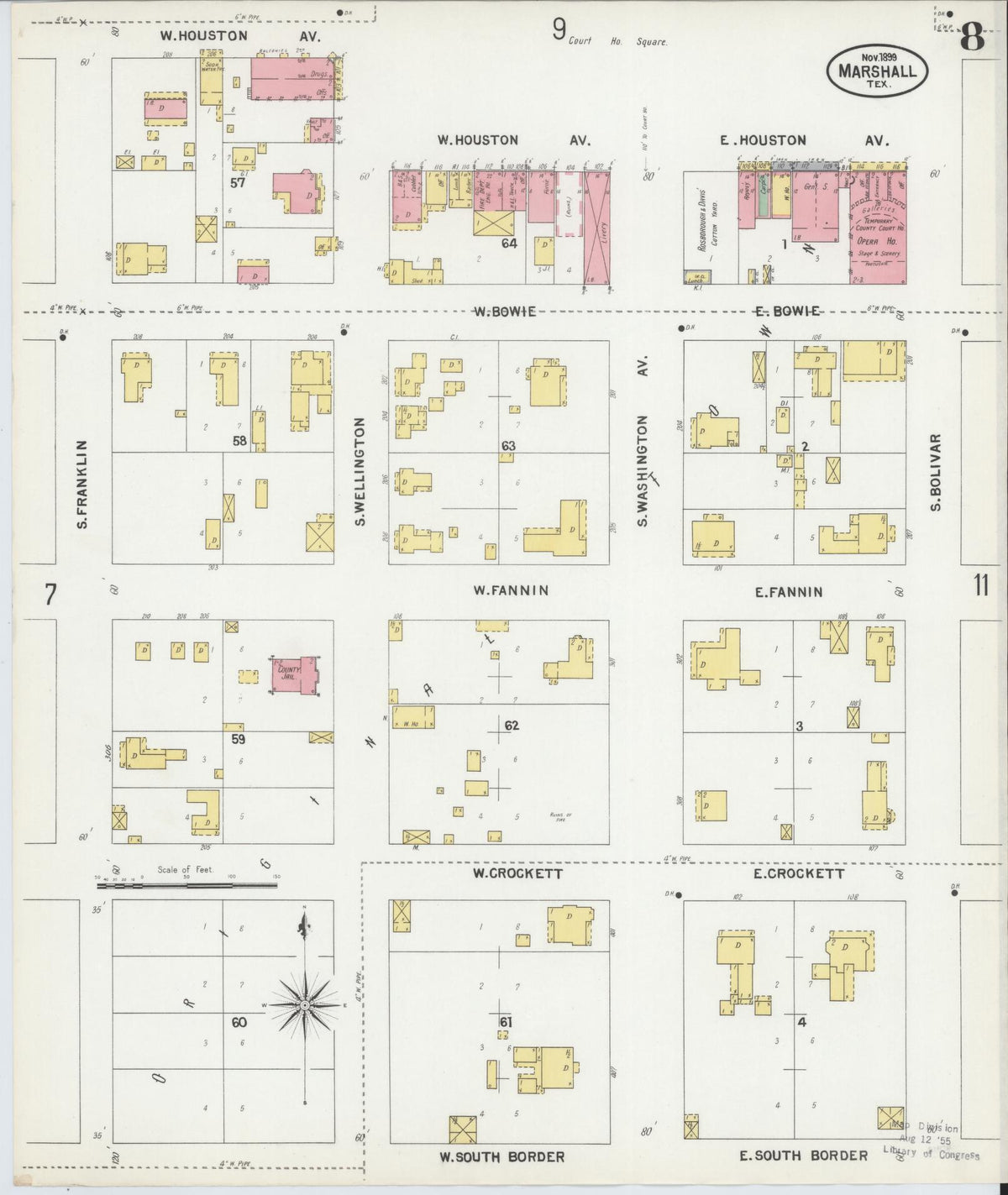 Sanborn Fire Insurance Map from Marshall, Harrison County, Texas (1899), Sheet #0008 - Complete Map Set gallery image, historic Sanborn map, vintage wall art, Texas Texas