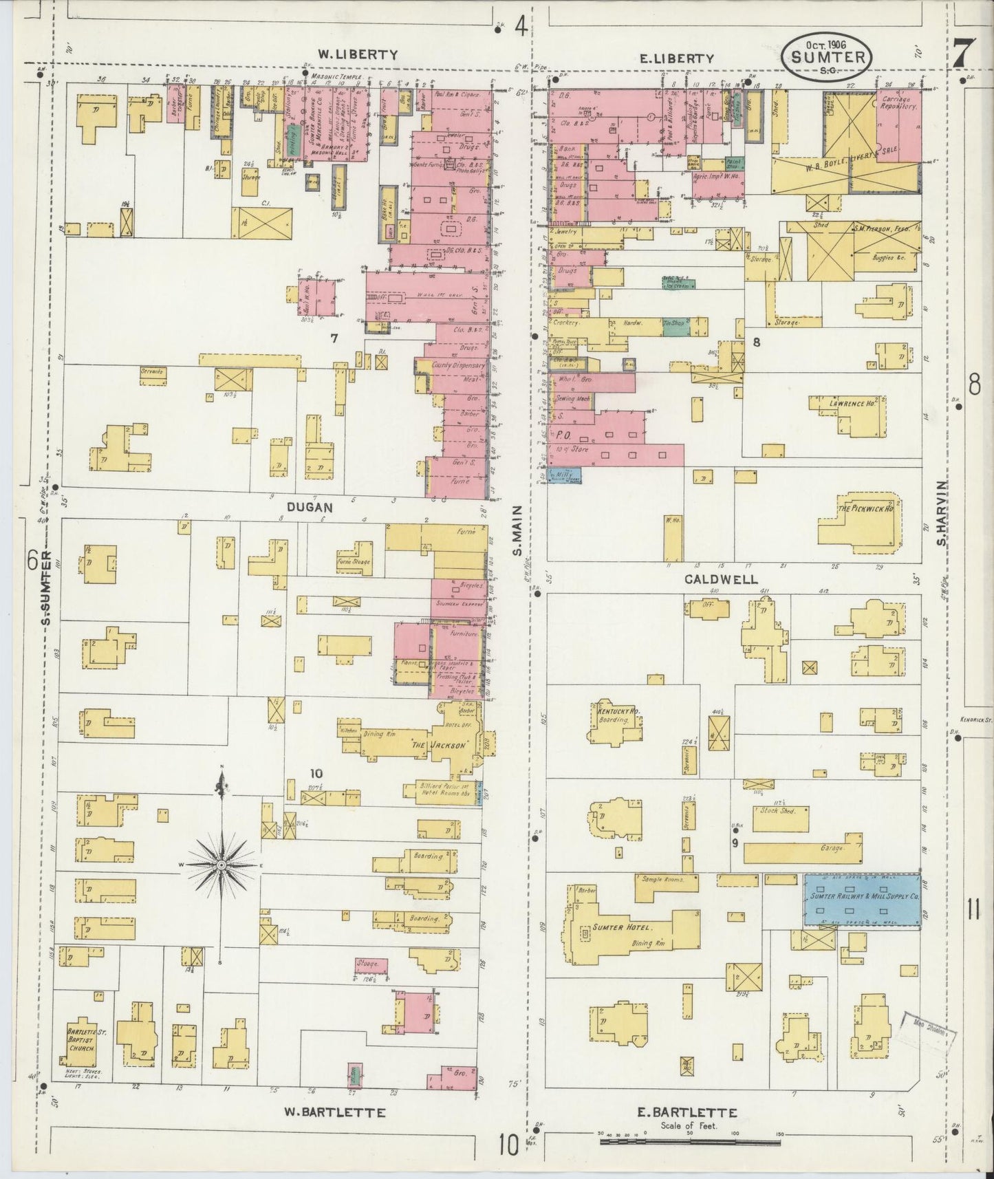 Sanborn Fire Insurance Map from Sumter, Sumter County, South Carolina (1906), Sheet #0007 - Historic Sanborn Fire Insurance Map Print, vintage old map wall art, antique decor, genealogy gift, South Carolina South Carolina map