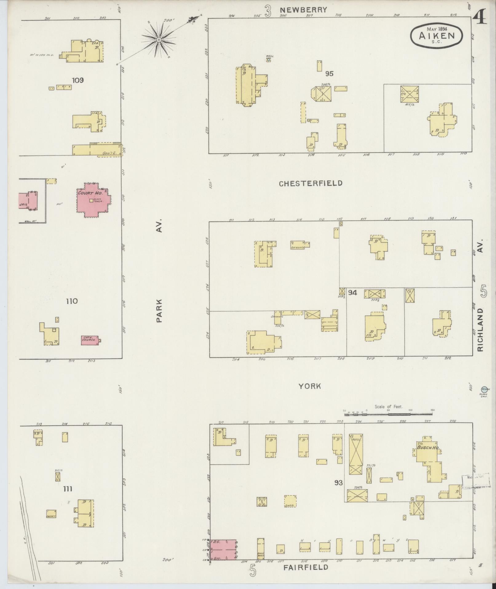 Sanborn Fire Insurance Map from Aiken, Aiken County, South Carolina (1894), Sheet #0004 - Historic Sanborn Fire Insurance Map Print, vintage old map wall art, antique decor, genealogy gift, South Carolina South Carolina map