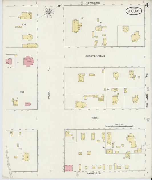 Sanborn Fire Insurance Map from Aiken, Aiken County, South Carolina (1894), Sheet #0004 - Historic Sanborn Fire Insurance Map Print, vintage old map wall art, antique decor, genealogy gift, South Carolina South Carolina map
