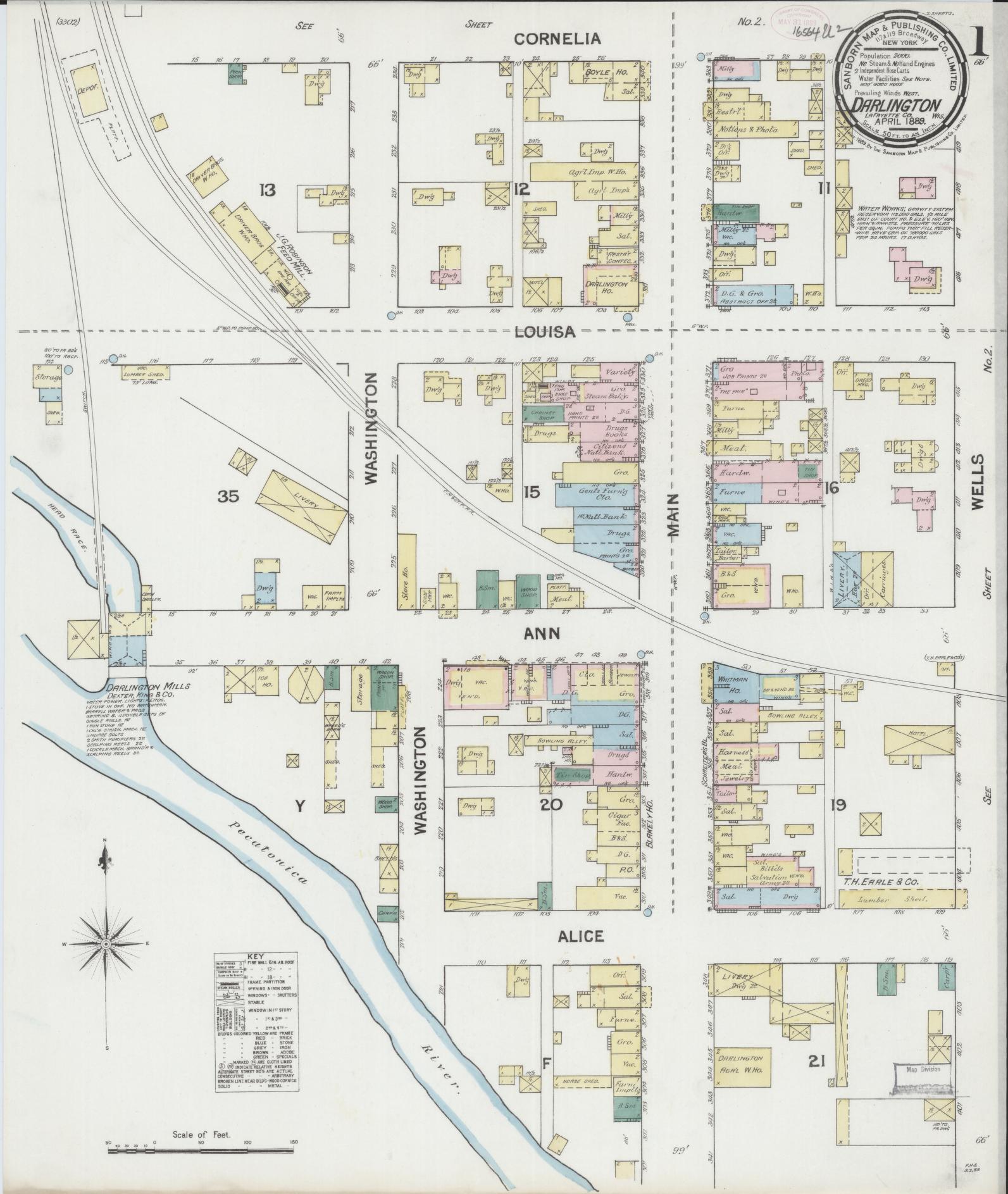 Sanborn Fire Insurance Map from Darlington, Lafayette County, Wisconsin (1889), Sheet #0001 - Complete Map Set gallery image, historic Sanborn map, vintage wall art, Wisconsin Wisconsin
