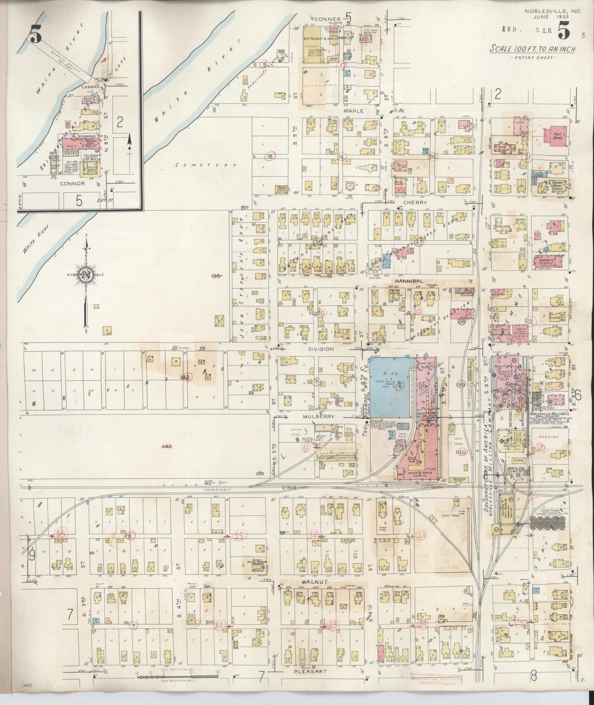Sanborn Fire Insurance Map from Noblesville, Hamilton County, Indiana (1947), Sheet #0005 - Historic Sanborn Fire Insurance Map Print, vintage old map wall art, antique decor, genealogy gift, Indiana Indiana map