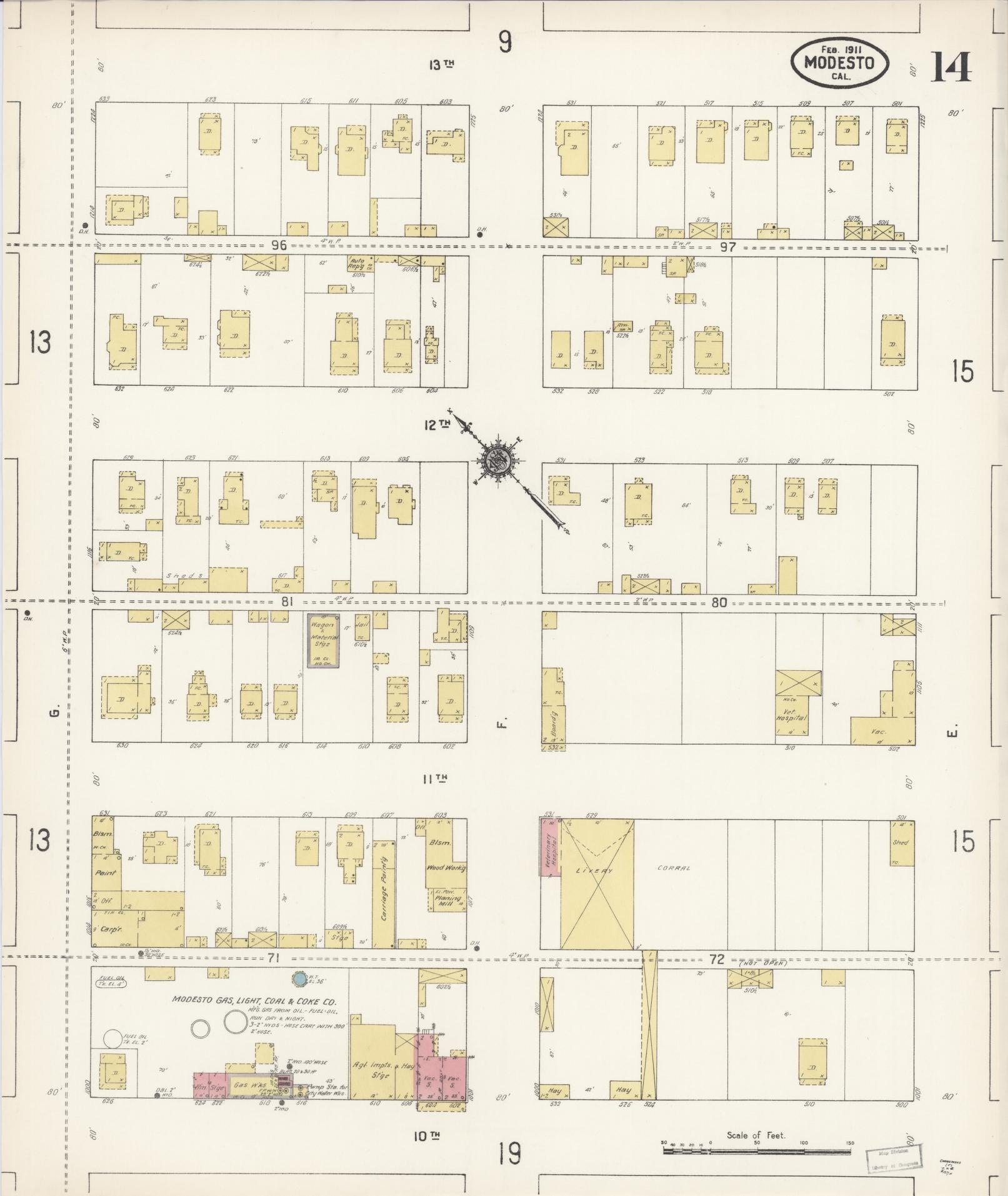 Sanborn Fire Insurance Map from Modesto, Stanislaus County, California (1911), Sheet #0014 - Historic Sanborn Fire Insurance Map Print, vintage old map wall art, antique decor, genealogy gift, California California map