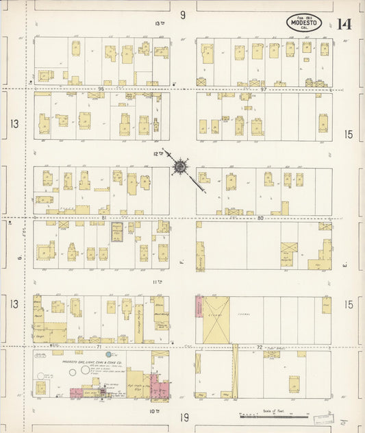 Sanborn Fire Insurance Map from Modesto, Stanislaus County, California (1911), Sheet #0014 - Historic Sanborn Fire Insurance Map Print, vintage old map wall art, antique decor, genealogy gift, California California map