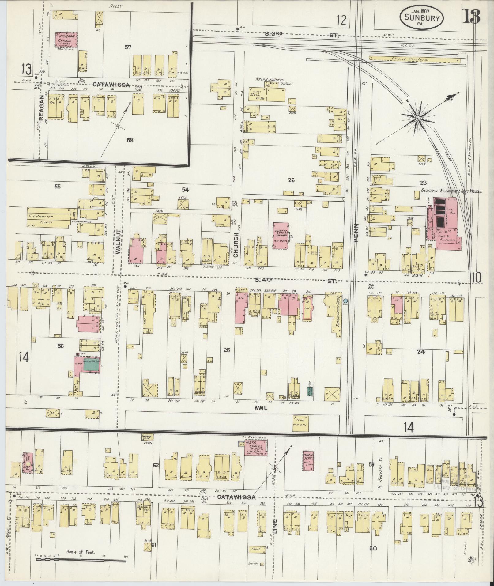 Sanborn Fire Insurance Map from Sunbury, Northumberland County, Pennsylvania (1907), Sheet #0013 - Historic Sanborn Fire Insurance Map Print, vintage old map wall art, antique decor, genealogy gift, Pennsylvania Pennsylvania map