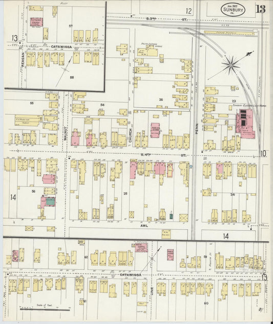 Sanborn Fire Insurance Map from Sunbury, Northumberland County, Pennsylvania (1907), Sheet #0013 - Historic Sanborn Fire Insurance Map Print, vintage old map wall art, antique decor, genealogy gift, Pennsylvania Pennsylvania map