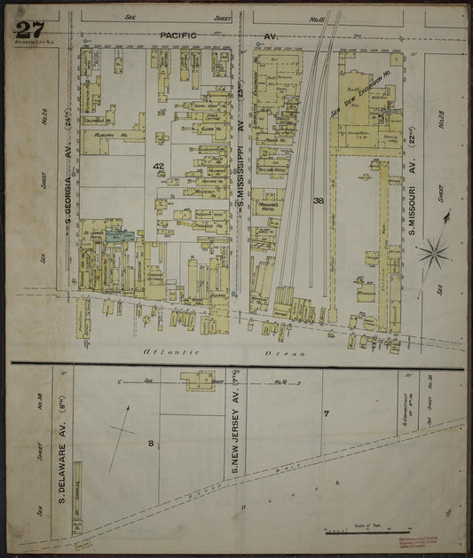 Sanborn Fire Insurance Map from Atlantic City, Atlantic County, New Jersey (1886), Sheet #0027 - Historic Sanborn Fire Insurance Map Print, vintage old map wall art, antique decor, genealogy gift, New Jersey New Jersey map