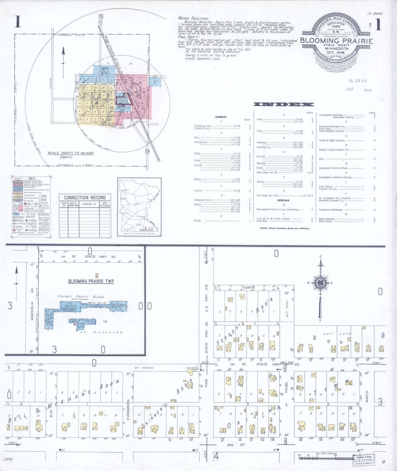 Sanborn Fire Insurance Map from Blooming Prairie, Steele County, Minnesota (1948), Sheet #0001 - Historic Sanborn Fire Insurance Map Print, vintage old map wall art, antique decor, genealogy gift, Minnesota Minnesota map