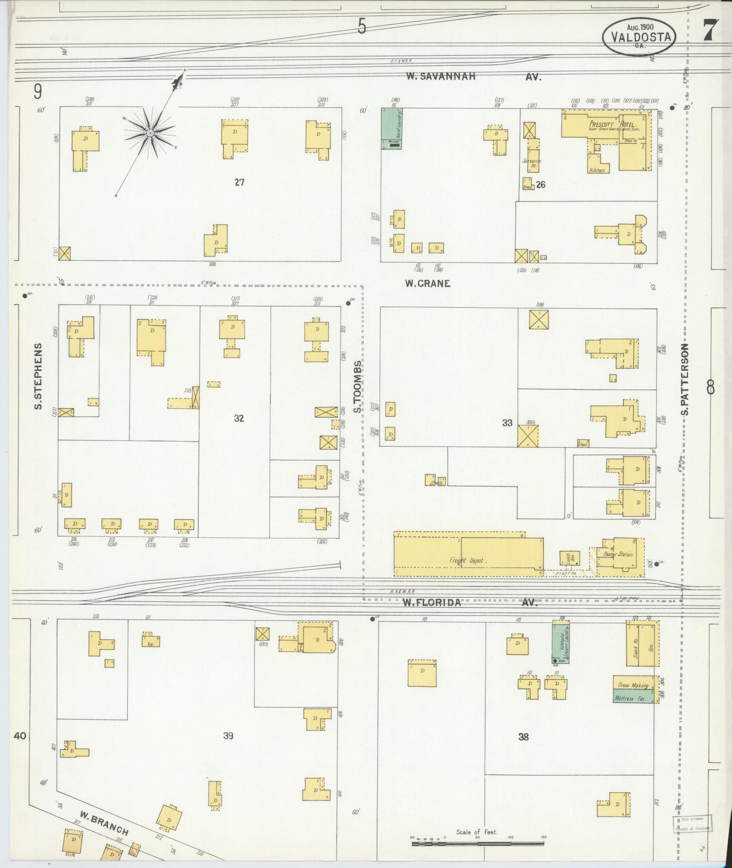 Sanborn Fire Insurance Map from Valdosta, Lowndes County, Georgia (1900), Sheet #0007 - Complete Map Set gallery image, historic Sanborn map, vintage wall art, Georgia Georgia