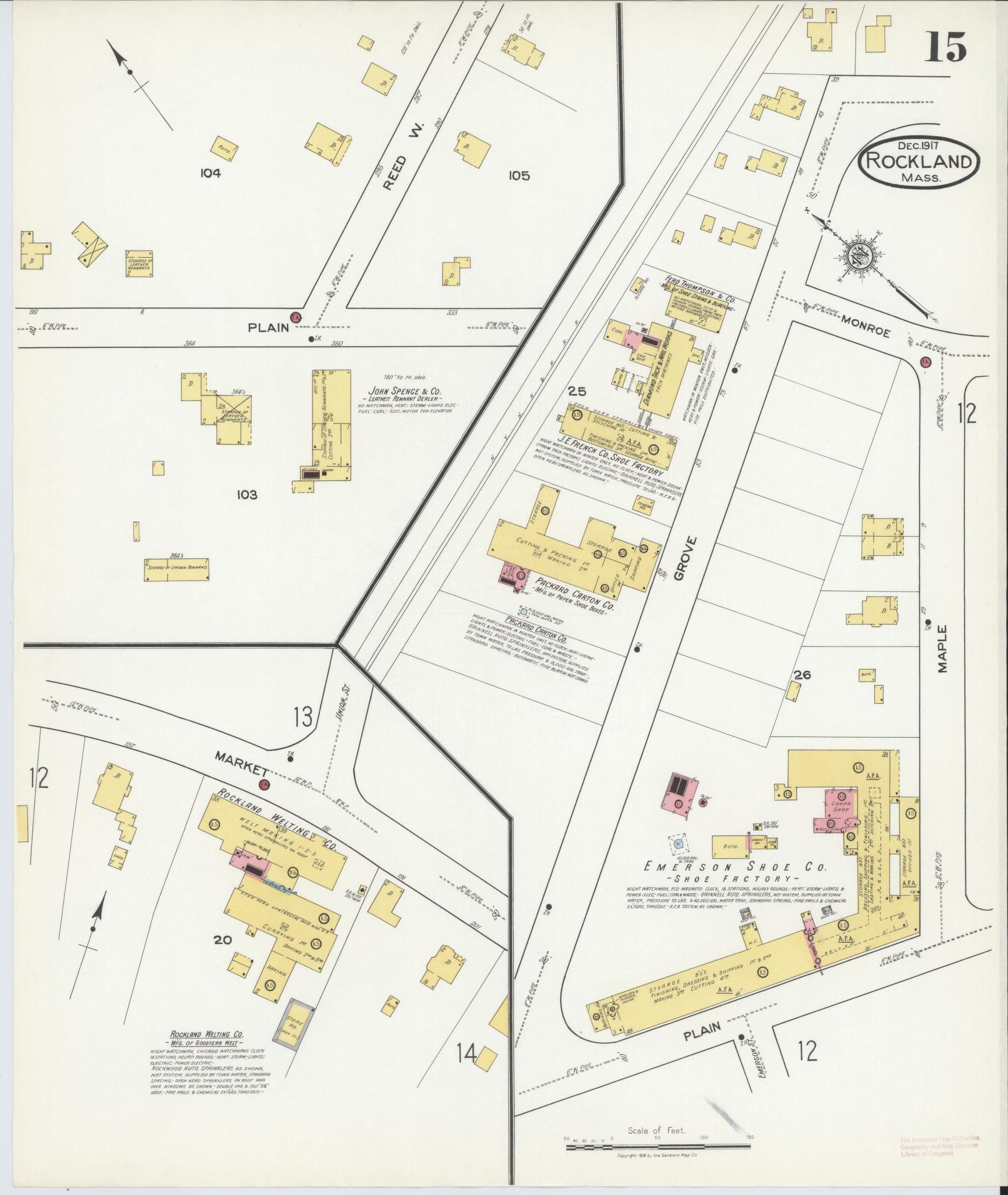 Sanborn Fire Insurance Map from Rockland, Plymouth County, Massachusetts (1917), Sheet #0015 - Complete Map Set gallery image, historic Sanborn map, vintage wall art, Massachusetts Massachusetts