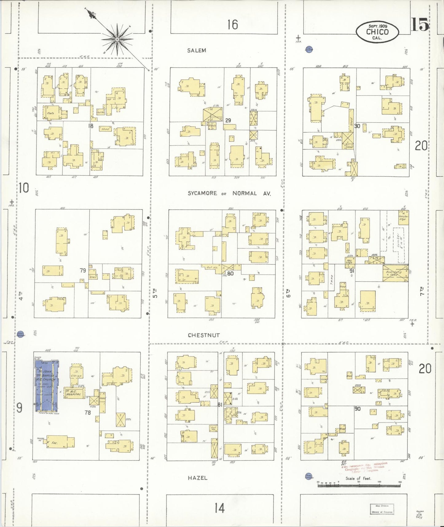 Sanborn Fire Insurance Map from Chico, Butte County, California (1909), Sheet #0015 - Complete Map Set gallery image, historic Sanborn map, vintage wall art, California California