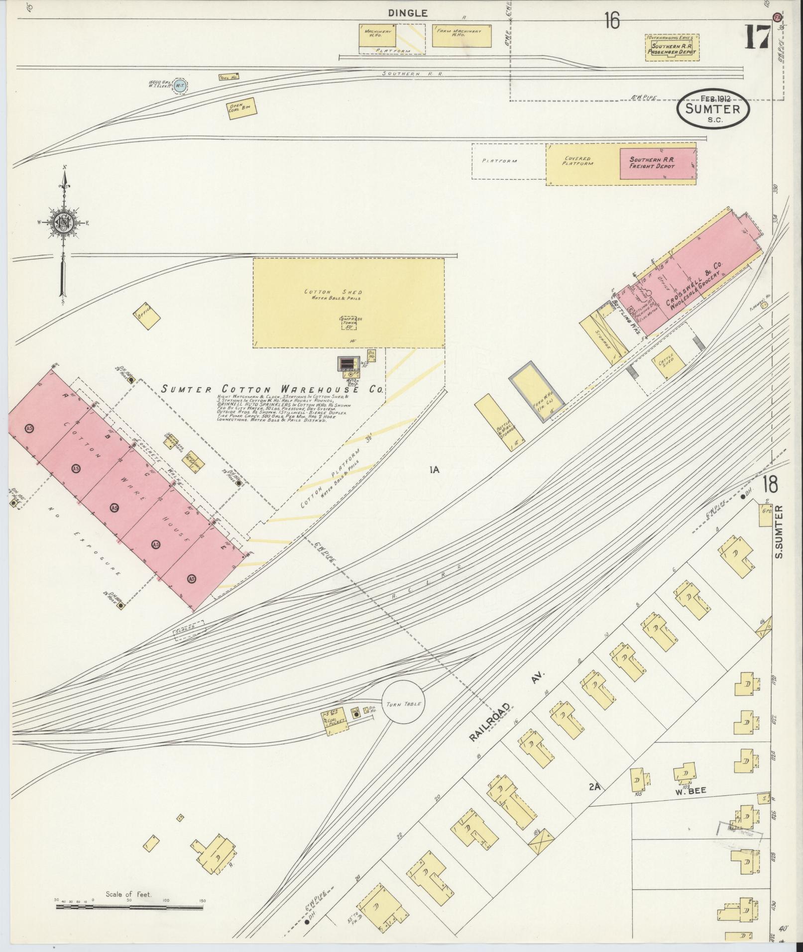 Sanborn Fire Insurance Map from Sumter, Sumter County, South Carolina (1912), Sheet #0017 - Historic Sanborn Fire Insurance Map Print, vintage old map wall art, antique decor, genealogy gift, South Carolina South Carolina map