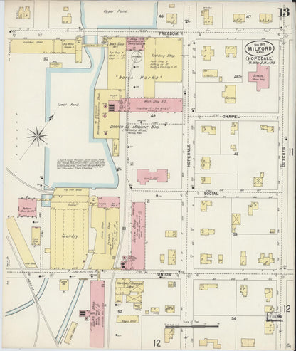 Sanborn Fire Insurance Map from Milford, Worcester County, Massachusetts (1897), Sheet #0013 - Historic Sanborn Fire Insurance Map Print, vintage old map wall art, antique decor, genealogy gift, Massachusetts Massachusetts map