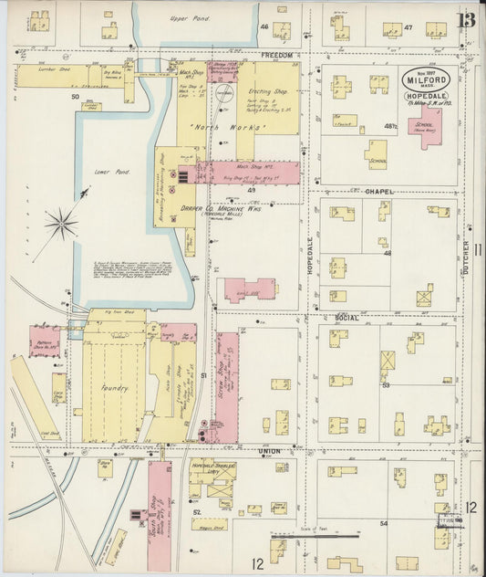 Sanborn Fire Insurance Map from Milford, Worcester County, Massachusetts (1897), Sheet #0013 - Historic Sanborn Fire Insurance Map Print, vintage old map wall art, antique decor, genealogy gift, Massachusetts Massachusetts map