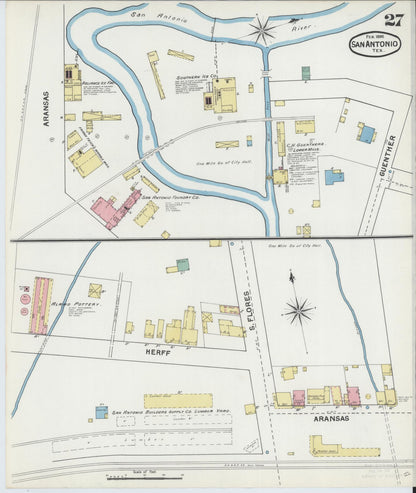 Sanborn Fire Insurance Map from San Antonio, Bexar County, Texas (1892), Sheet #0027 - Historic Sanborn Fire Insurance Map Print, vintage old map wall art, antique decor, genealogy gift, Texas Texas map