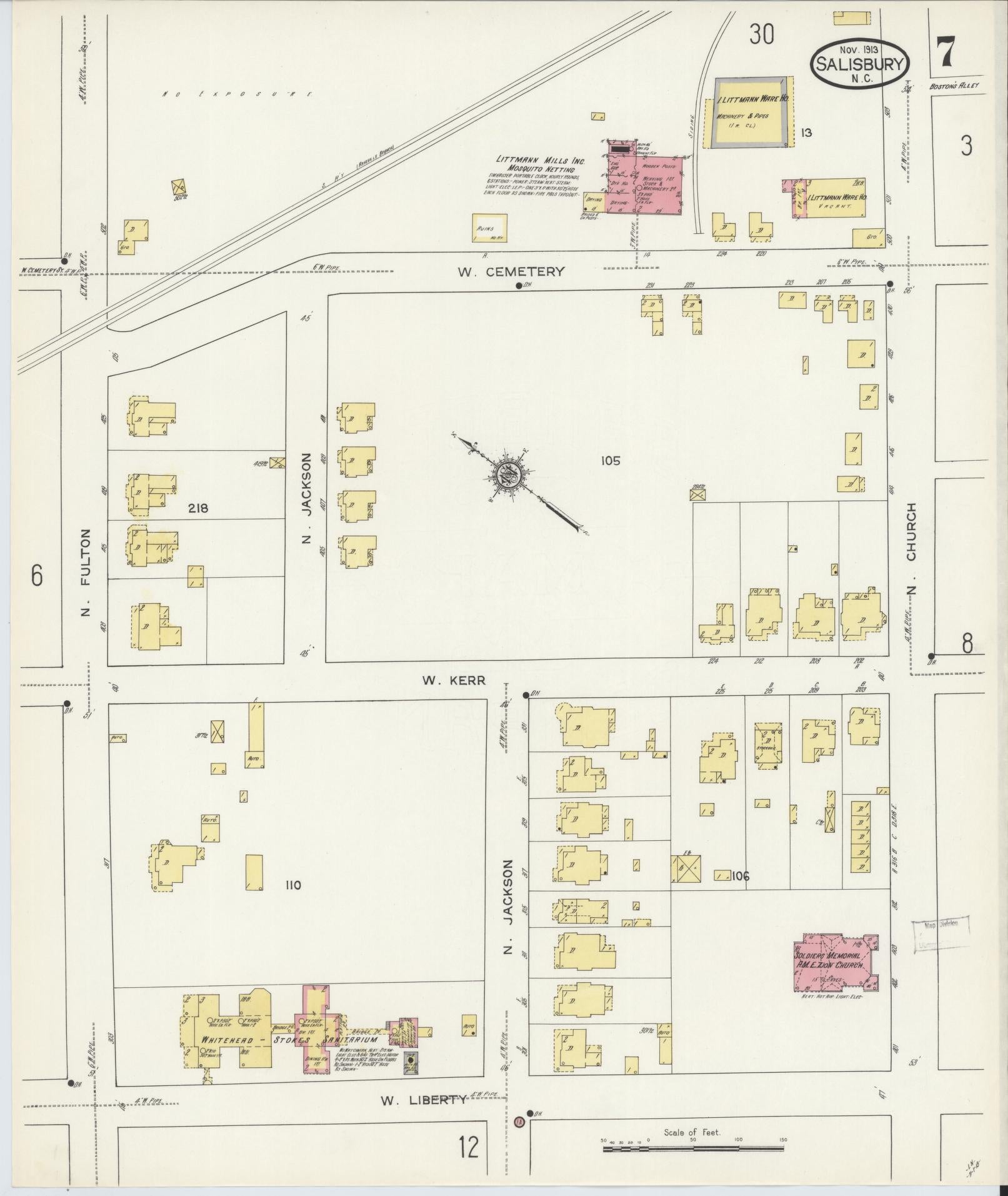 Sanborn Fire Insurance Map from Salisbury, Rowan County, North Carolina (1913), Sheet #0007 - Complete Map Set gallery image, historic Sanborn map, vintage wall art, North Carolina North Carolina