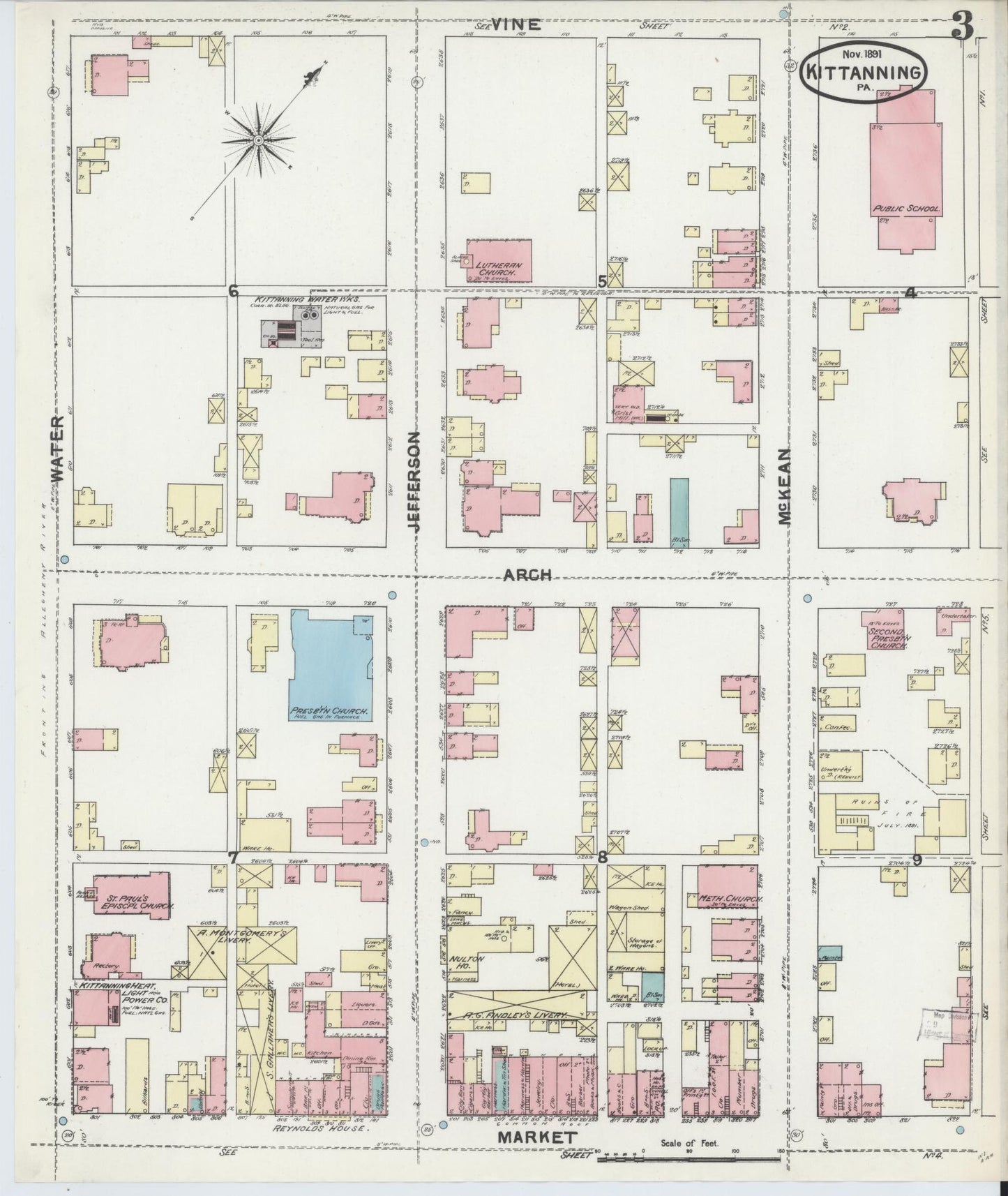 Sanborn Fire Insurance Map from Kittanning, Armstrong County, Pennsylvania (1891), Sheet #0003 - Historic Sanborn Fire Insurance Map Print, vintage old map wall art, antique decor, genealogy gift, Pennsylvania Pennsylvania map