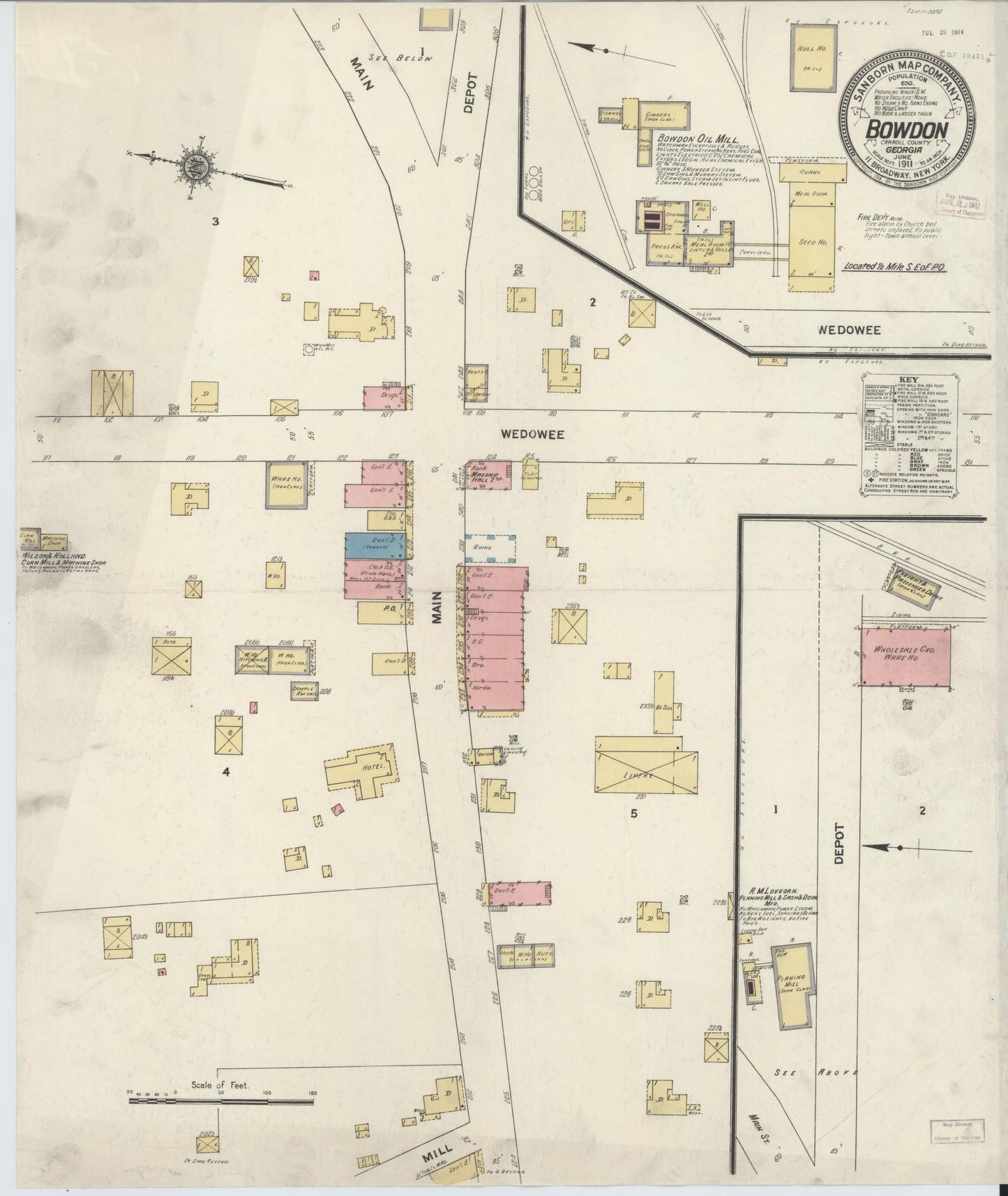 Sanborn Fire Insurance Map from Bowdon, Carroll County, Georgia (1911), Sheet #0001 - Historic Sanborn Fire Insurance Map Print, vintage old map wall art, antique decor, genealogy gift, Georgia Georgia map