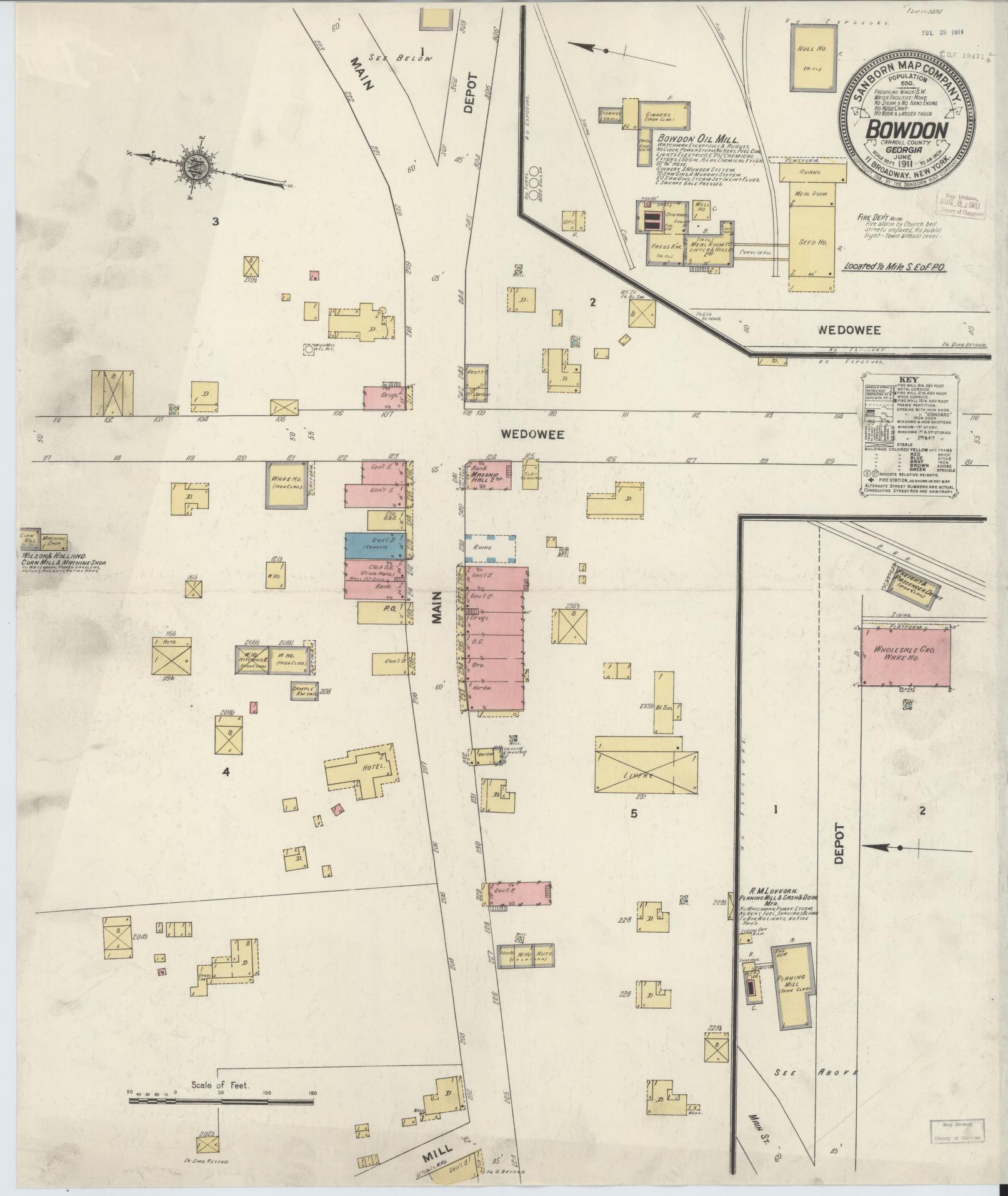 Sanborn Fire Insurance Map from Bowdon, Carroll County, Georgia (1911), Sheet #0001 - Historic Sanborn Fire Insurance Map Print, vintage old map wall art, antique decor, genealogy gift, Georgia Georgia map