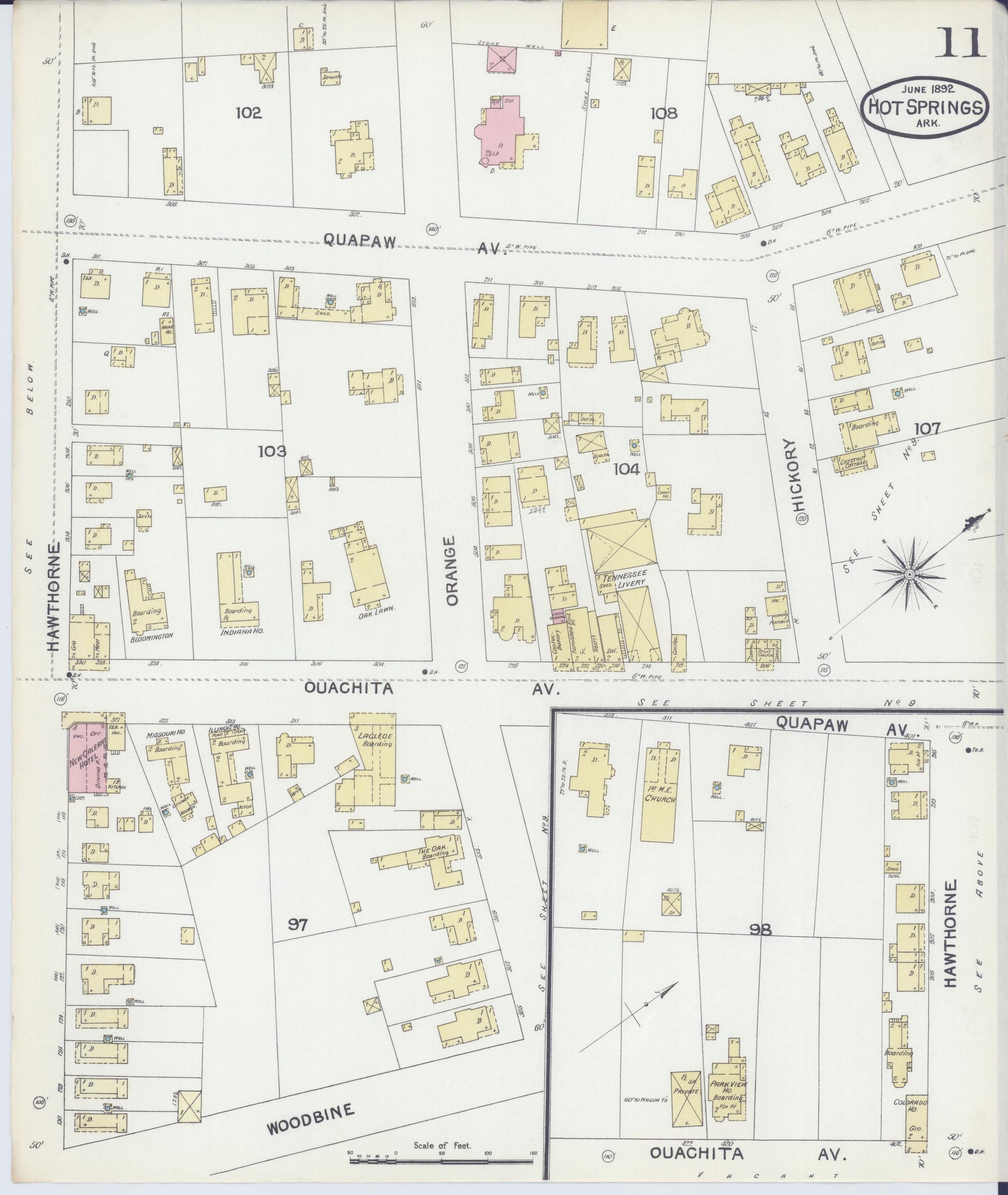 Sanborn Fire Insurance Map from Hot Springs, Garland County, Arkansas (1892), Sheet #0011 - Historic Sanborn Fire Insurance Map Print, vintage old map wall art, antique decor, genealogy gift, Arkansas Arkansas map